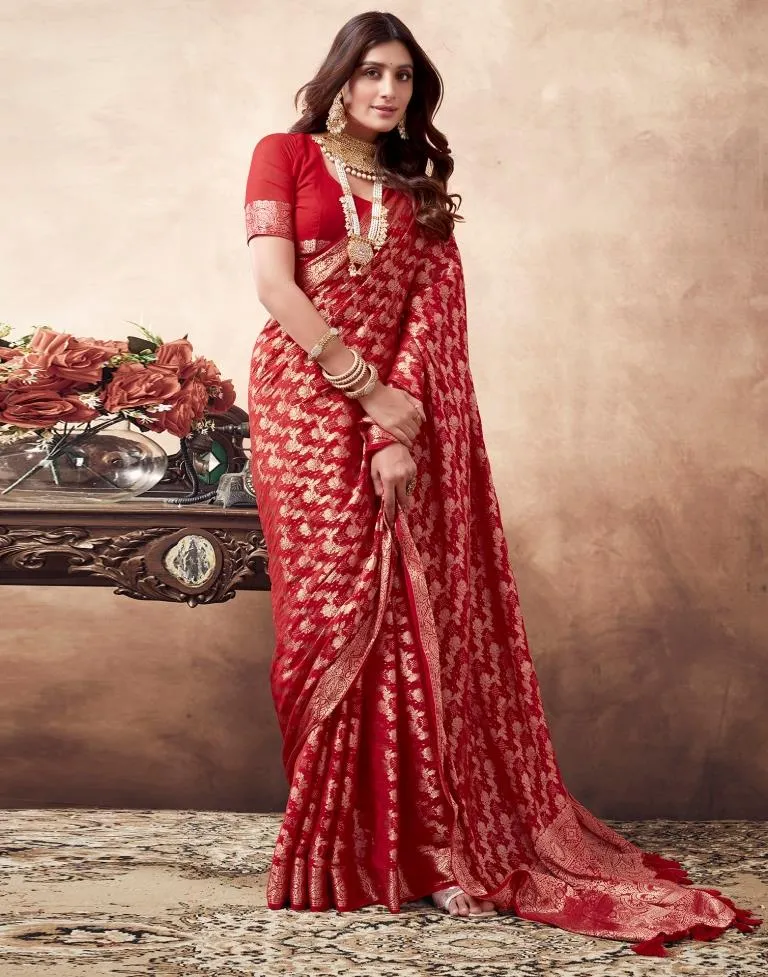 Red Georgette Plain Sarees