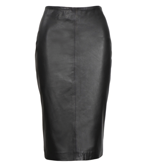 Rosa Women's Black Midi Leather Skirt With Back Slit - Pencil Style