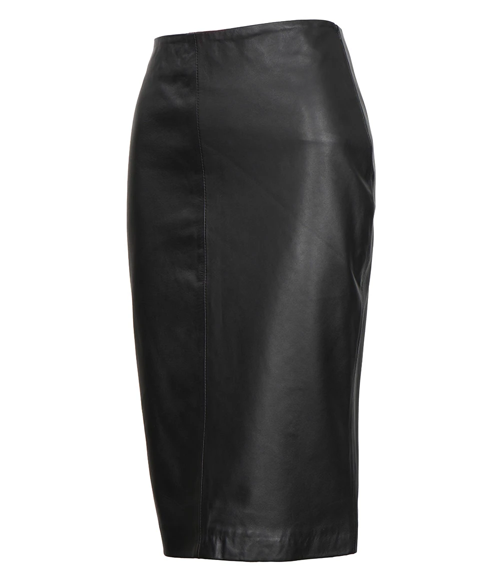 Rosa Women's Black Midi Leather Skirt With Back Slit - Pencil Style