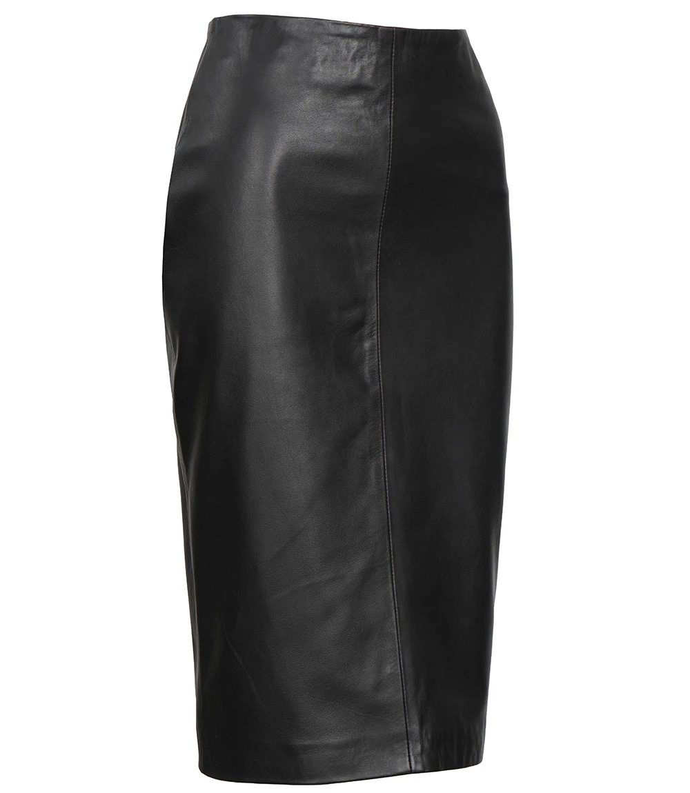 Rosa Women's Black Midi Leather Skirt With Back Slit - Pencil Style