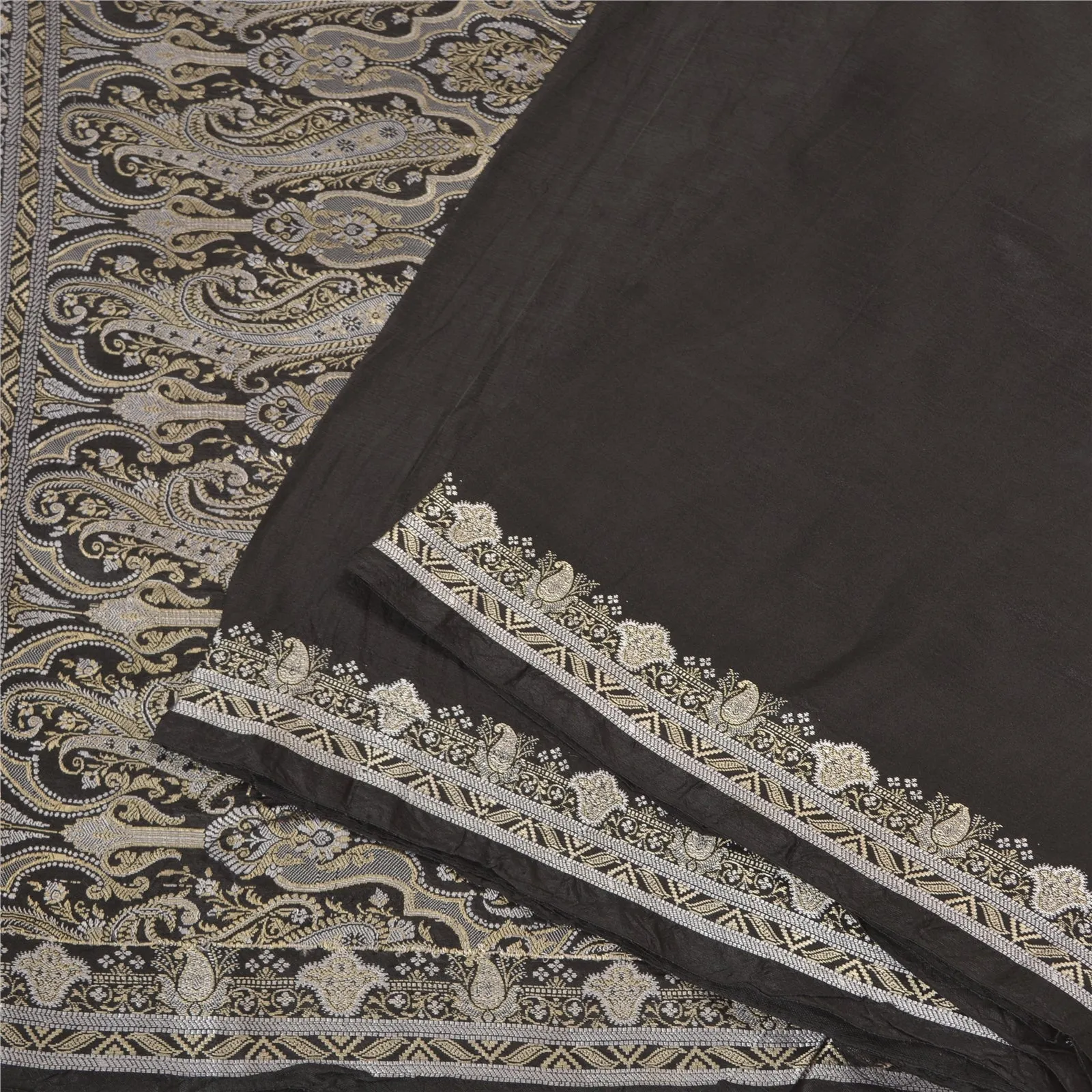 Sanskriti Vintage Black Indian Sarees 100% Pure Silk Woven Sari 5 YD Fabric