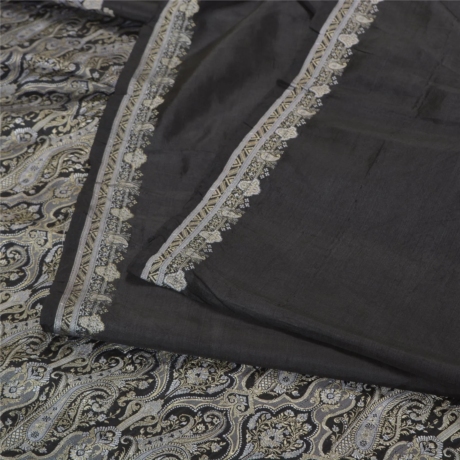 Sanskriti Vintage Black Indian Sarees 100% Pure Silk Woven Sari 5 YD Fabric