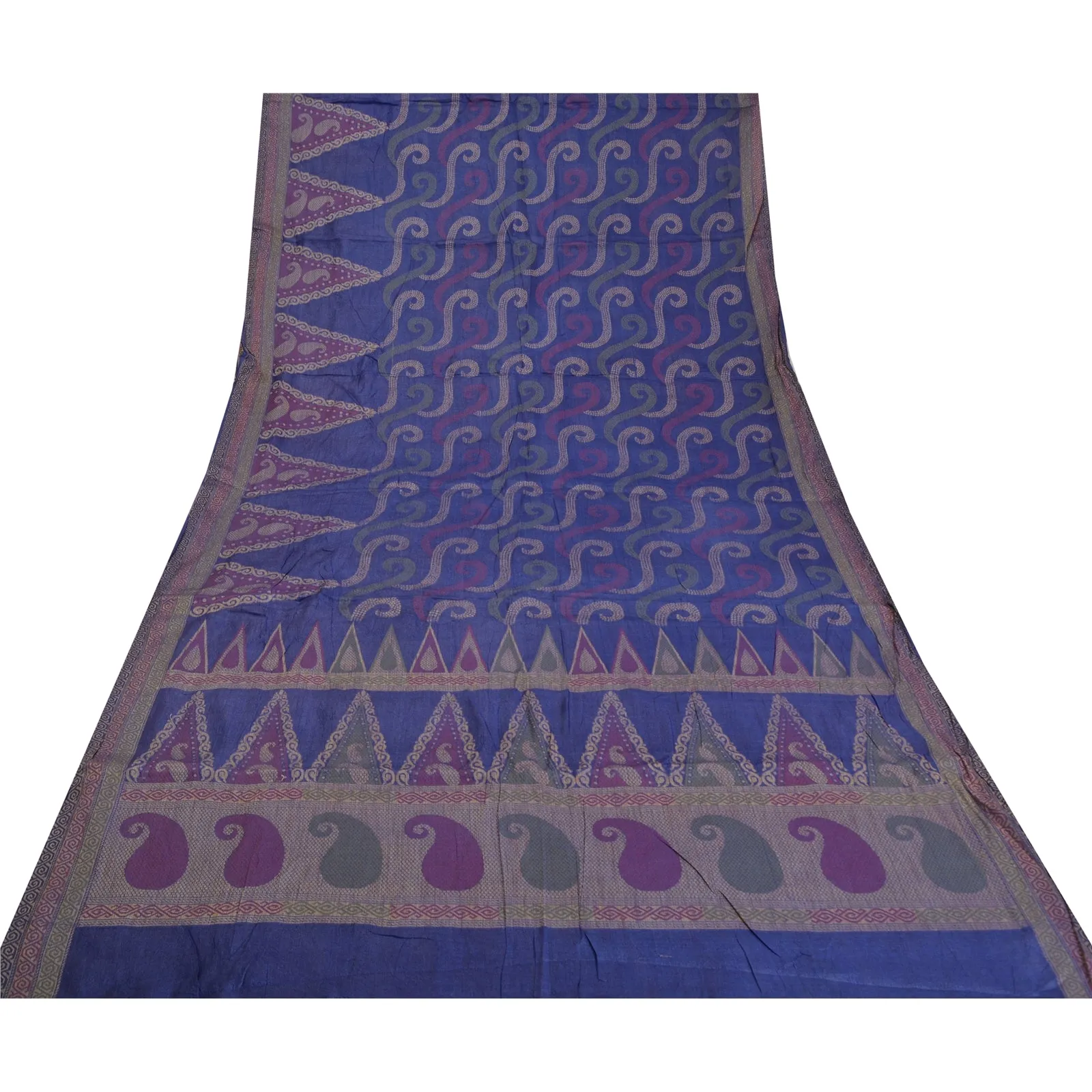 Sanskriti Vintage Blue Indian Sarees Pure Silk Woven Sari Craft 5 Yard Fabric