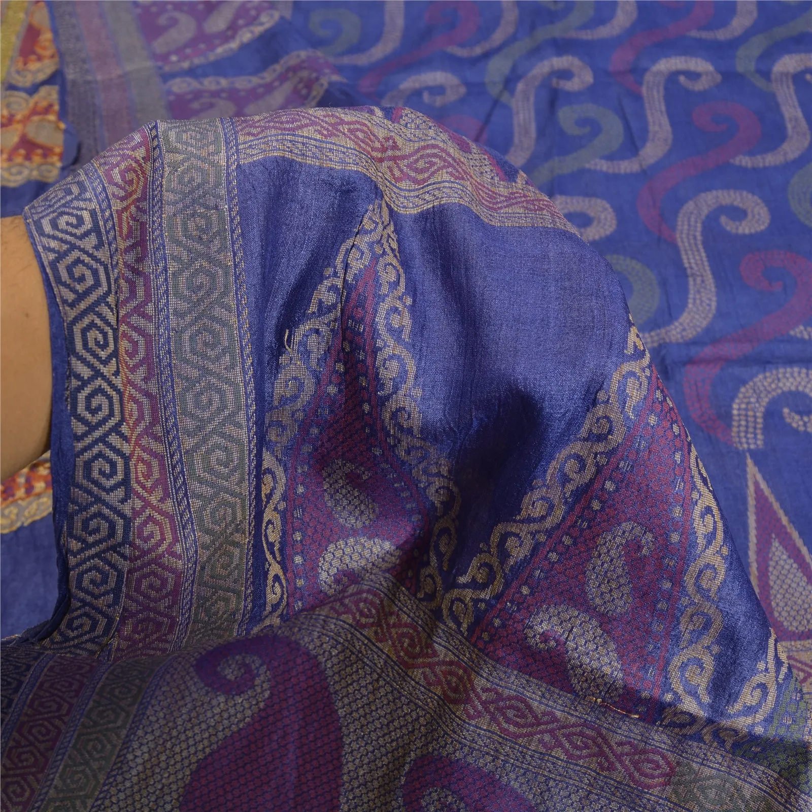 Sanskriti Vintage Blue Indian Sarees Pure Silk Woven Sari Craft 5 Yard Fabric