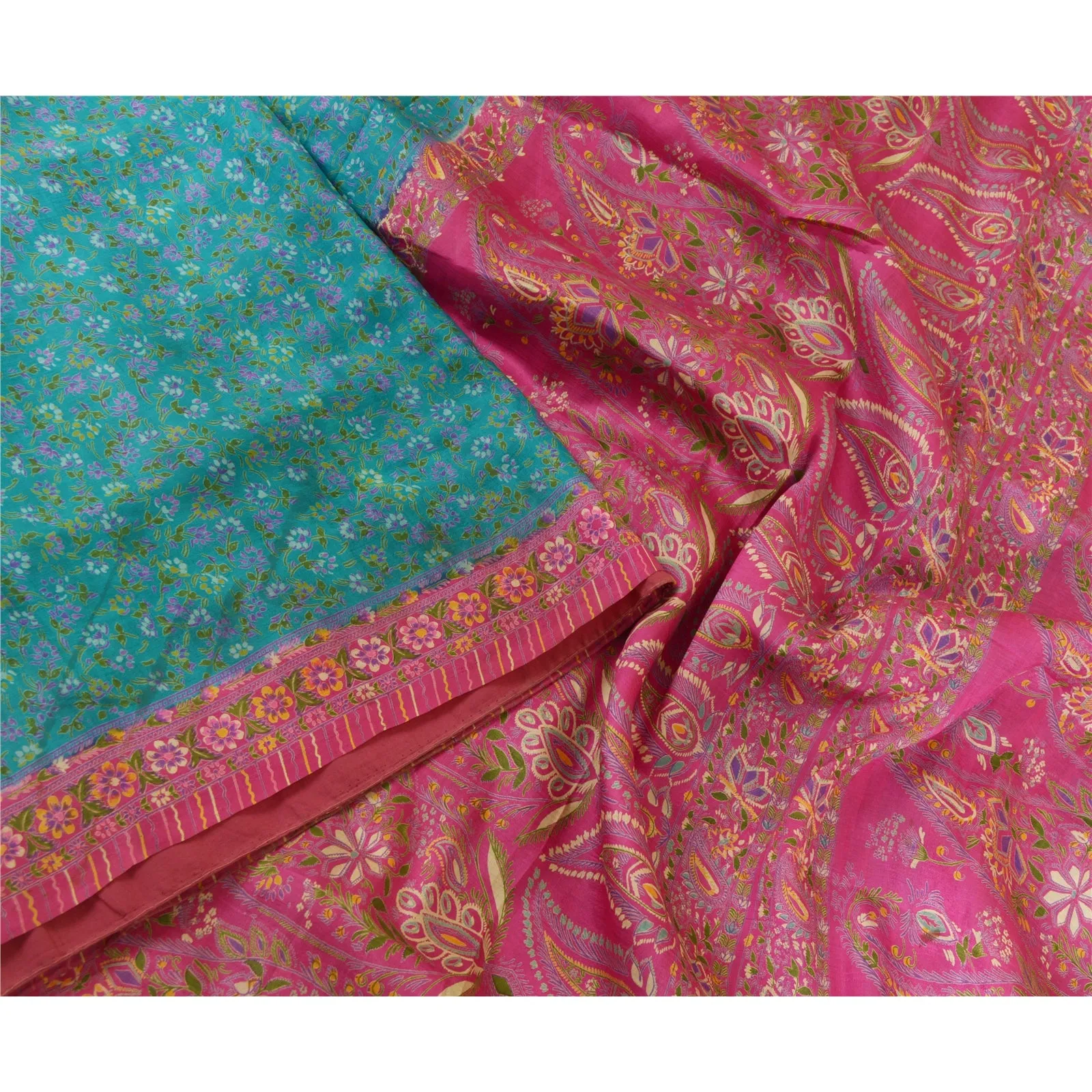 Sanskriti Vintage Blue/Pink Sarees 100% Pure Silk Printed Sari Craft Fabric