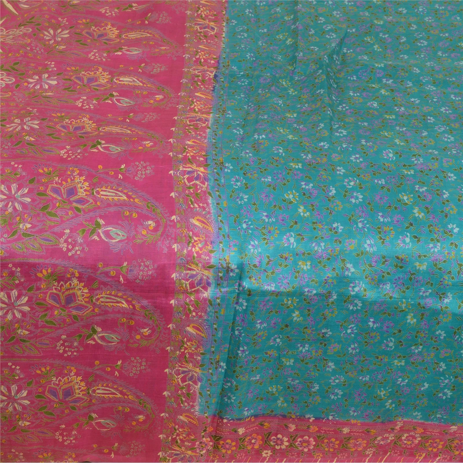 Sanskriti Vintage Blue/Pink Sarees 100% Pure Silk Printed Sari Craft Fabric