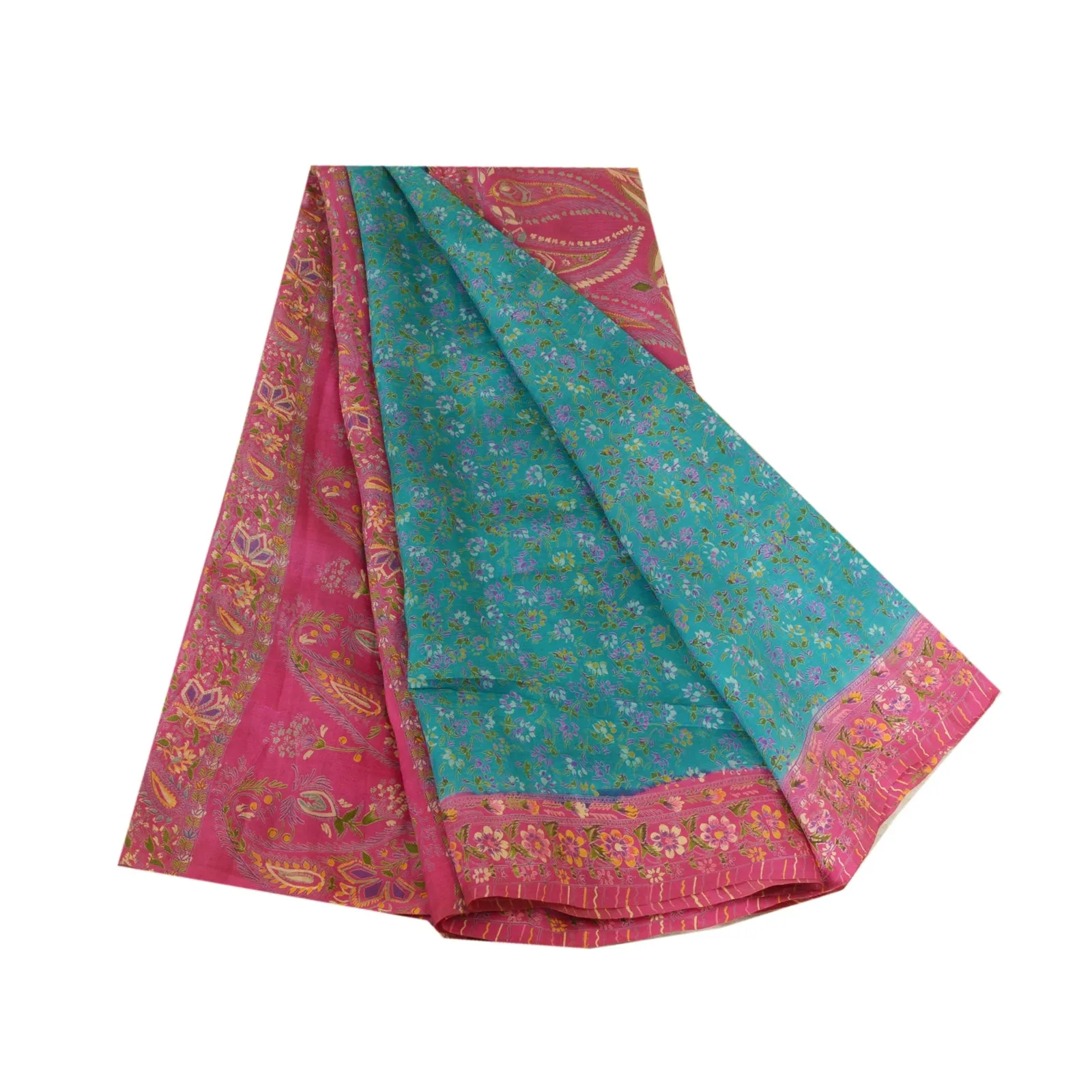 Sanskriti Vintage Blue/Pink Sarees 100% Pure Silk Printed Sari Craft Fabric