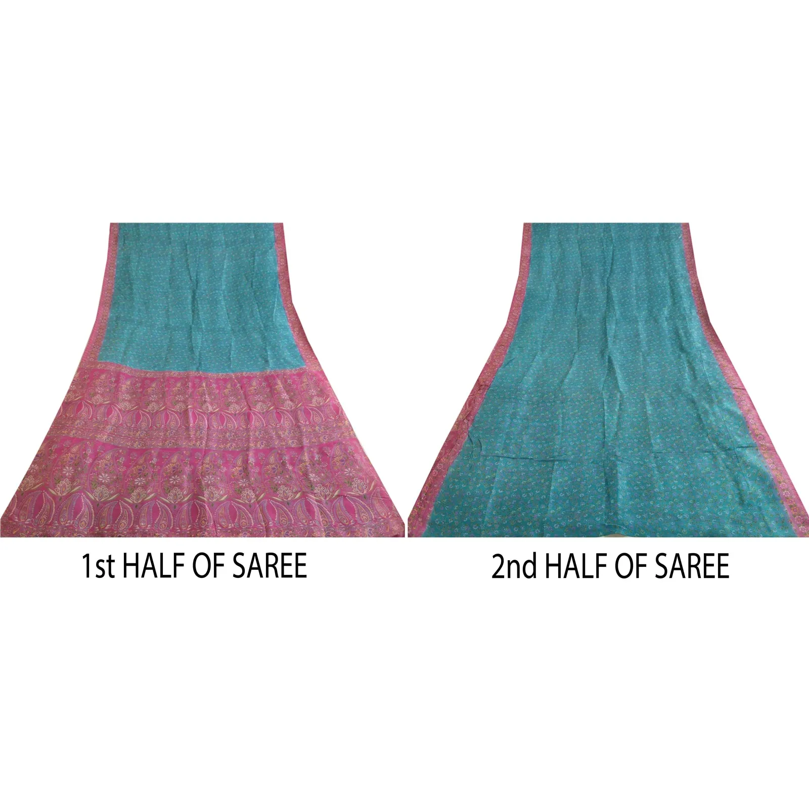 Sanskriti Vintage Blue/Pink Sarees 100% Pure Silk Printed Sari Craft Fabric