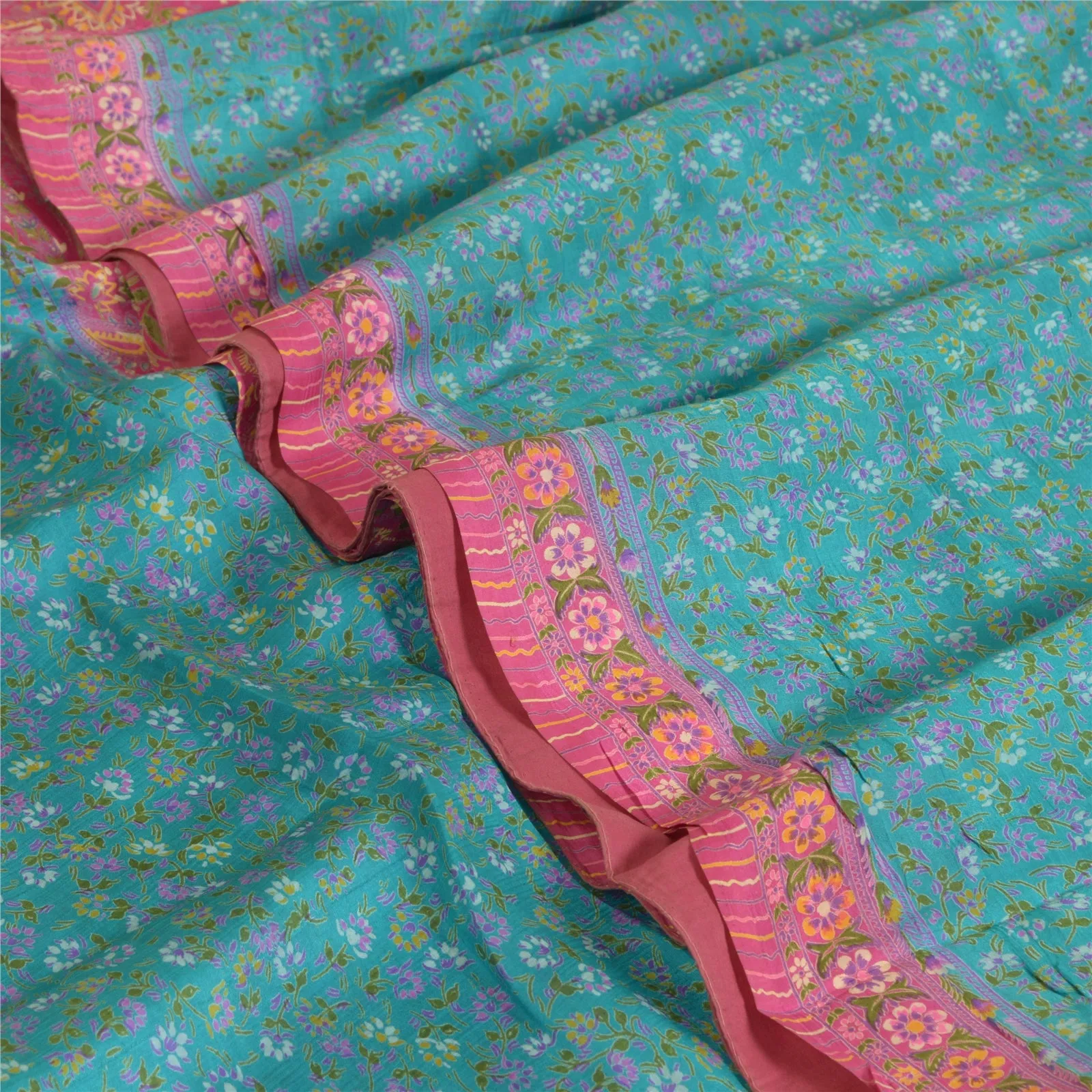 Sanskriti Vintage Blue/Pink Sarees 100% Pure Silk Printed Sari Craft Fabric