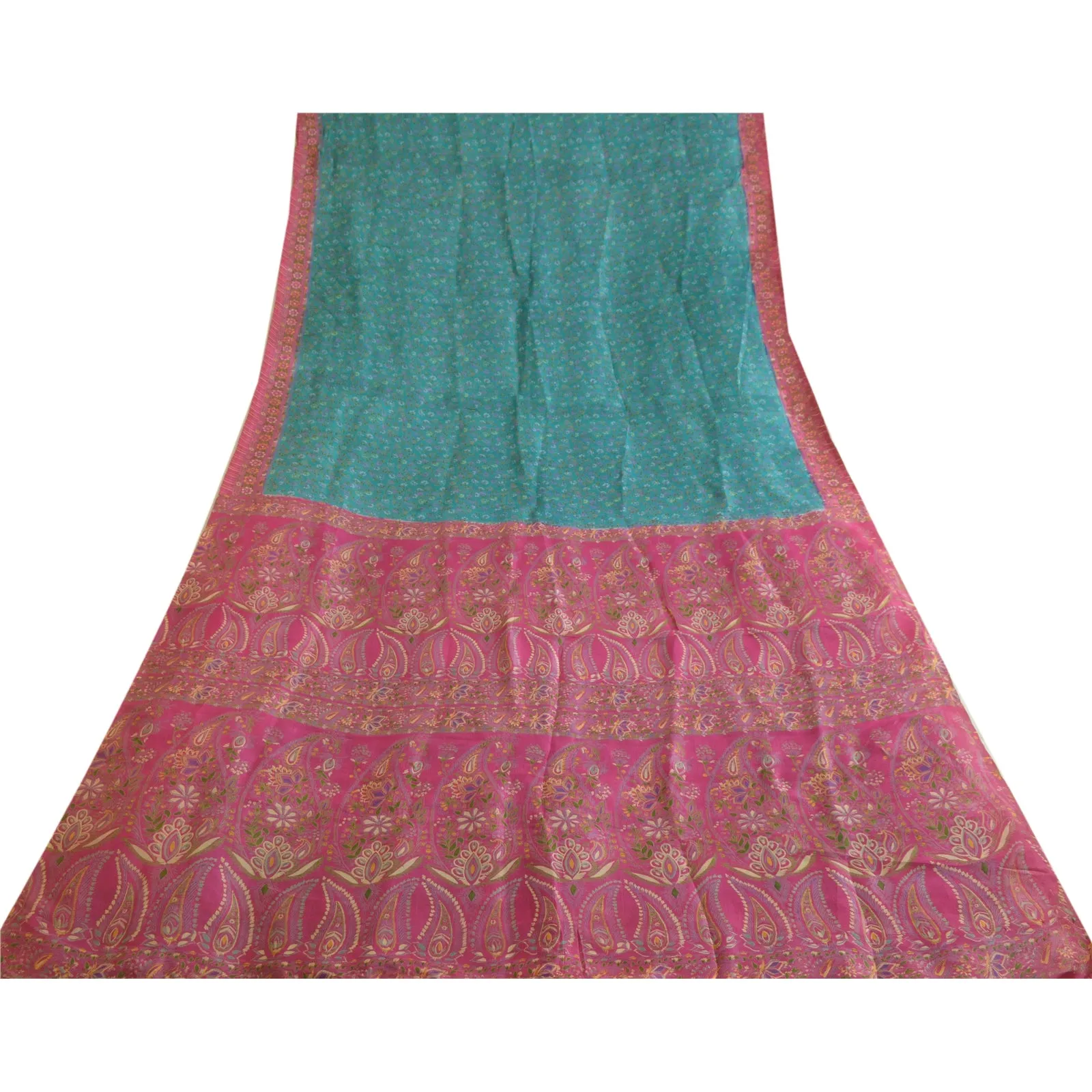 Sanskriti Vintage Blue/Pink Sarees 100% Pure Silk Printed Sari Craft Fabric