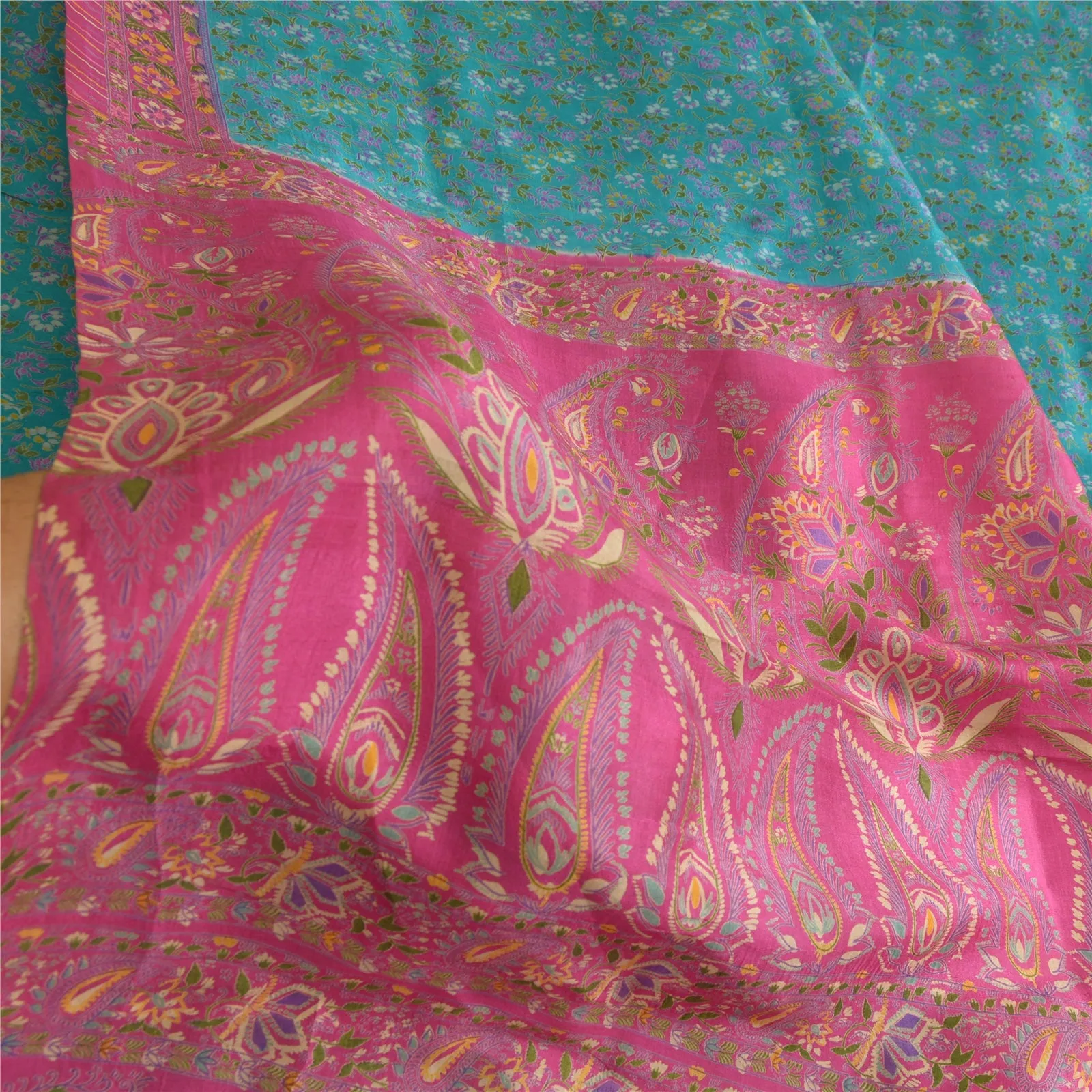 Sanskriti Vintage Blue/Pink Sarees 100% Pure Silk Printed Sari Craft Fabric