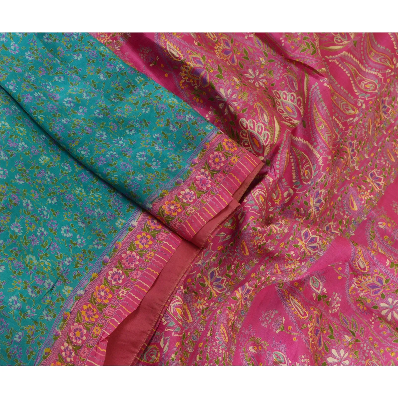 Sanskriti Vintage Blue/Pink Sarees 100% Pure Silk Printed Sari Craft Fabric