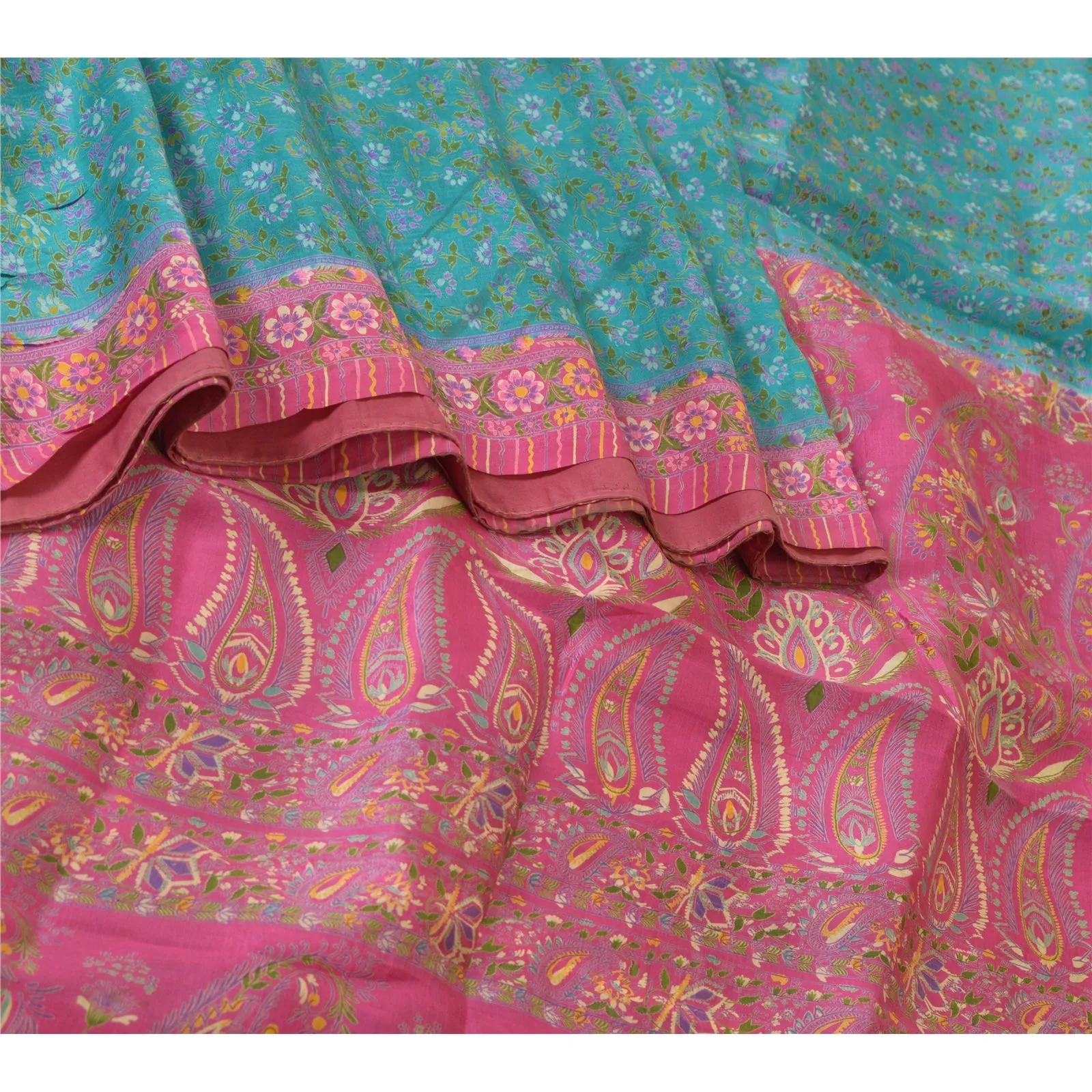 Sanskriti Vintage Blue/Pink Sarees 100% Pure Silk Printed Sari Craft Fabric