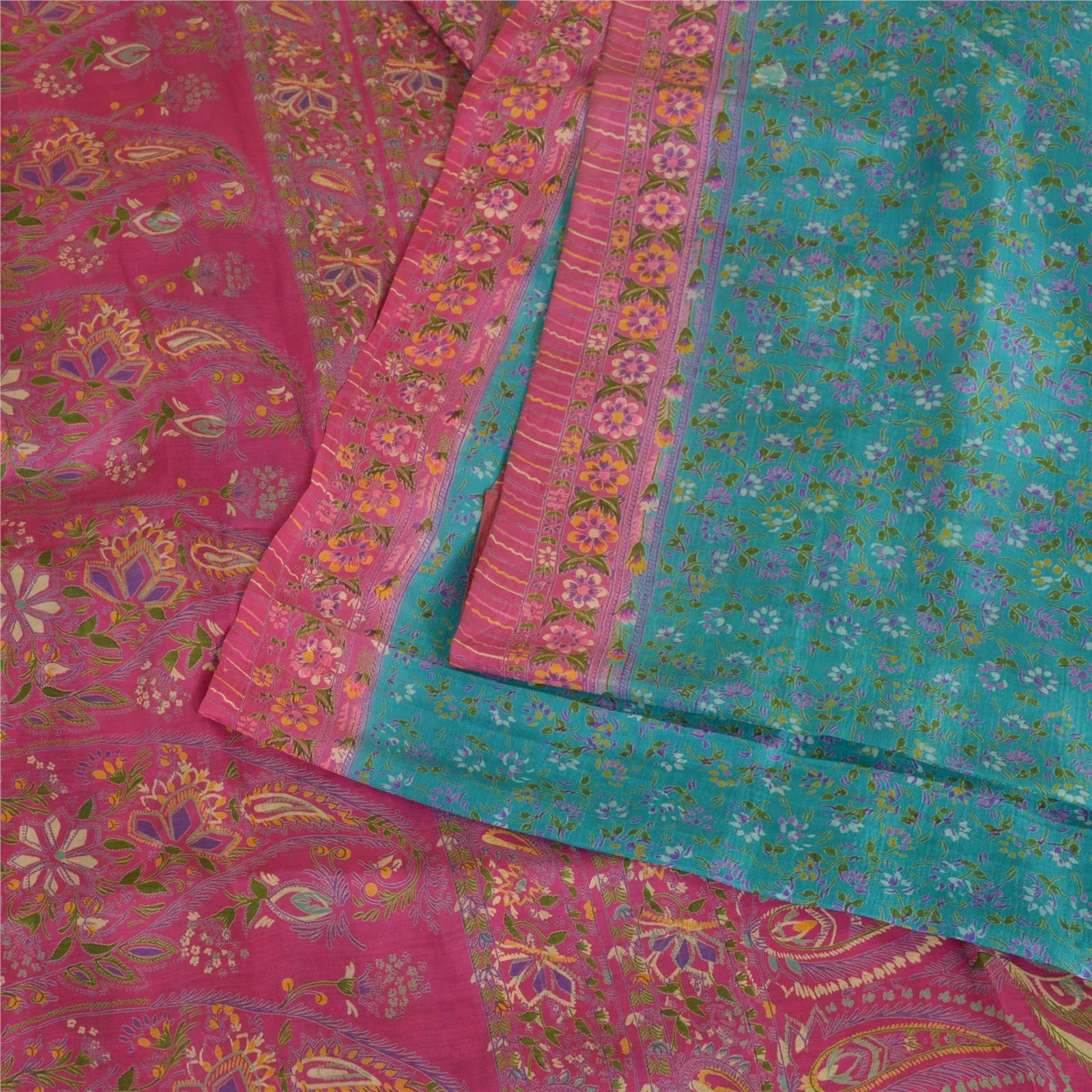 Sanskriti Vintage Blue/Pink Sarees 100% Pure Silk Printed Sari Craft Fabric