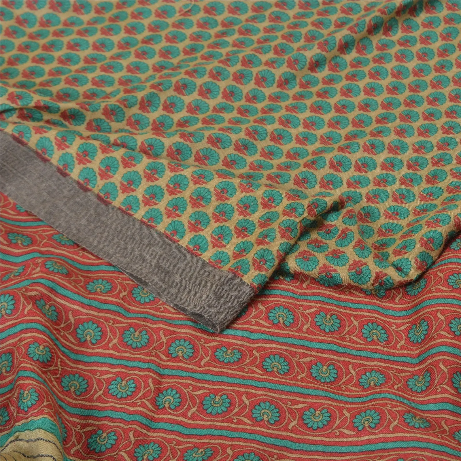 Sanskriti Vintage Cream/Red Sarees Pure Woolen Printed & Woven Sari /Fabric