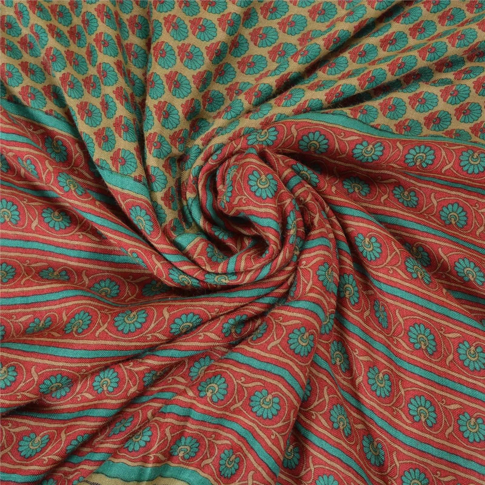 Sanskriti Vintage Cream/Red Sarees Pure Woolen Printed & Woven Sari /Fabric