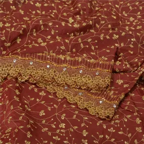 Sanskriti Vintage Dark Red Sarees 100% Pure Silk Hand Beaded Sari Craft Fabric