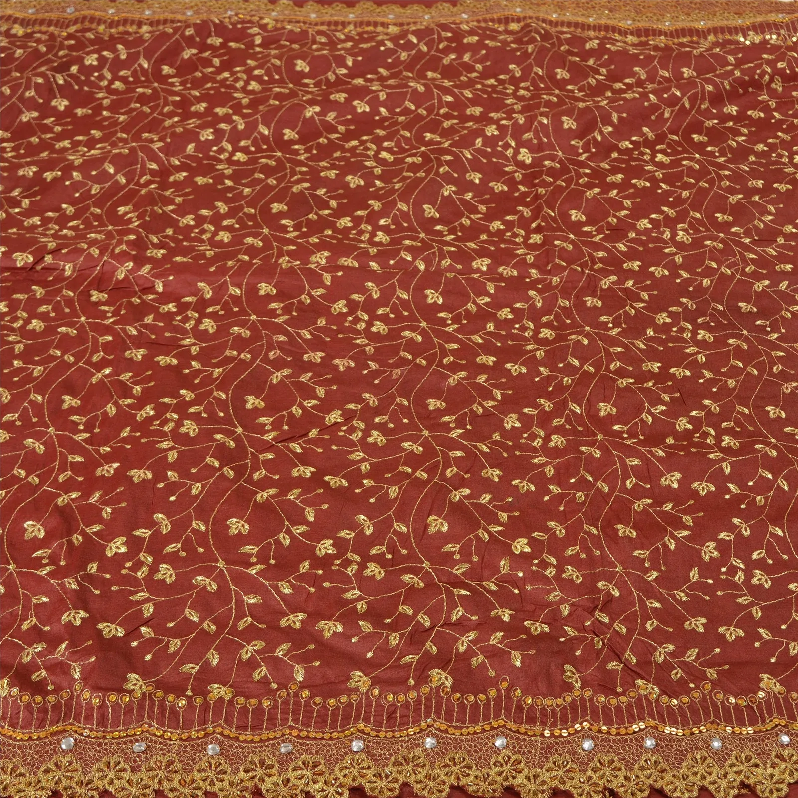 Sanskriti Vintage Dark Red Sarees 100% Pure Silk Hand Beaded Sari Craft Fabric