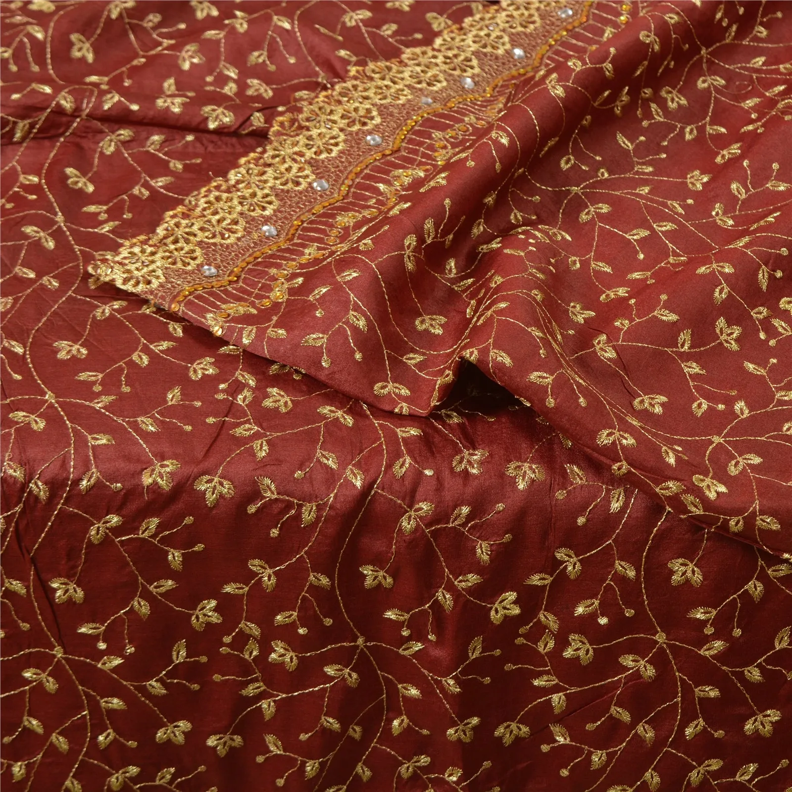 Sanskriti Vintage Dark Red Sarees 100% Pure Silk Hand Beaded Sari Craft Fabric