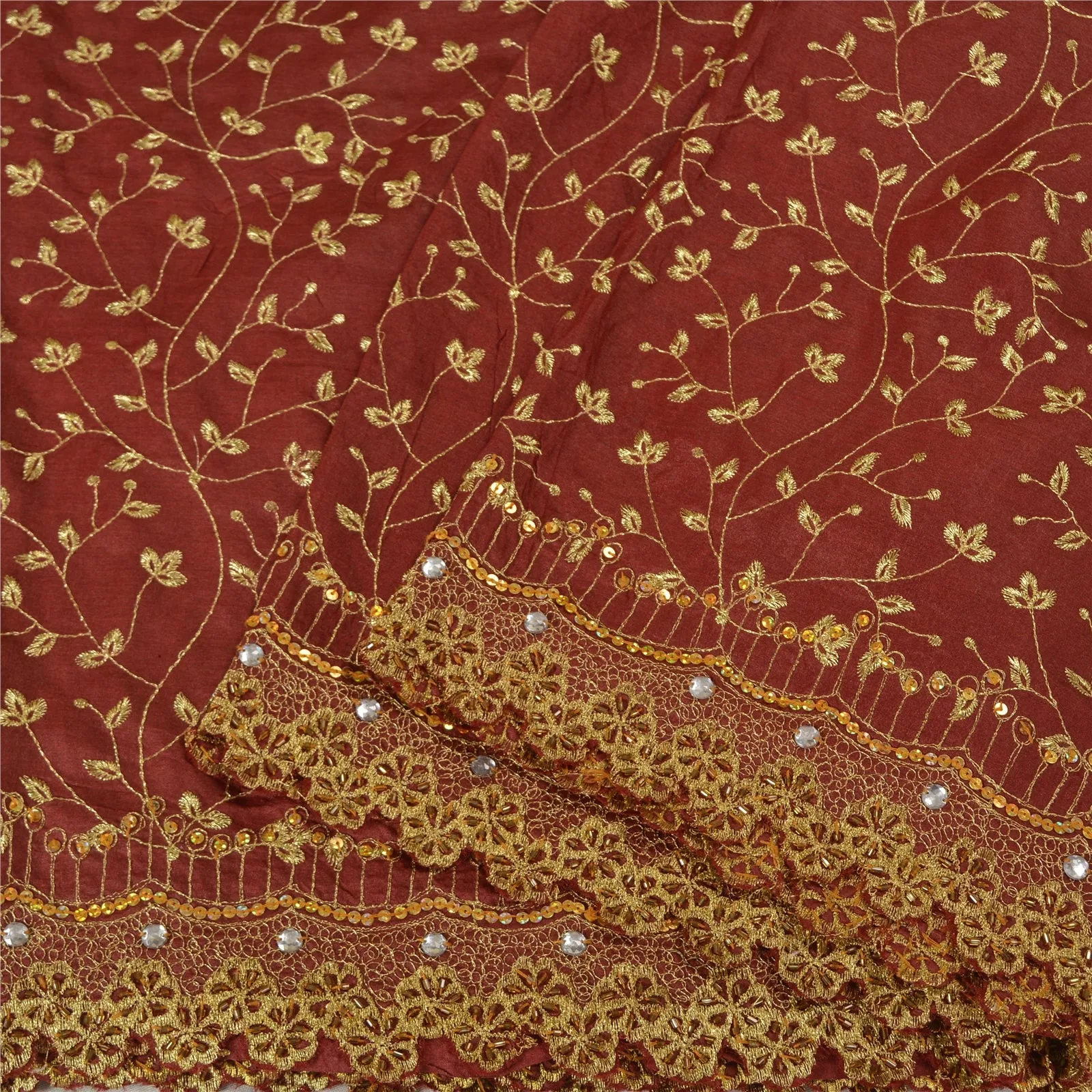 Sanskriti Vintage Dark Red Sarees 100% Pure Silk Hand Beaded Sari Craft Fabric