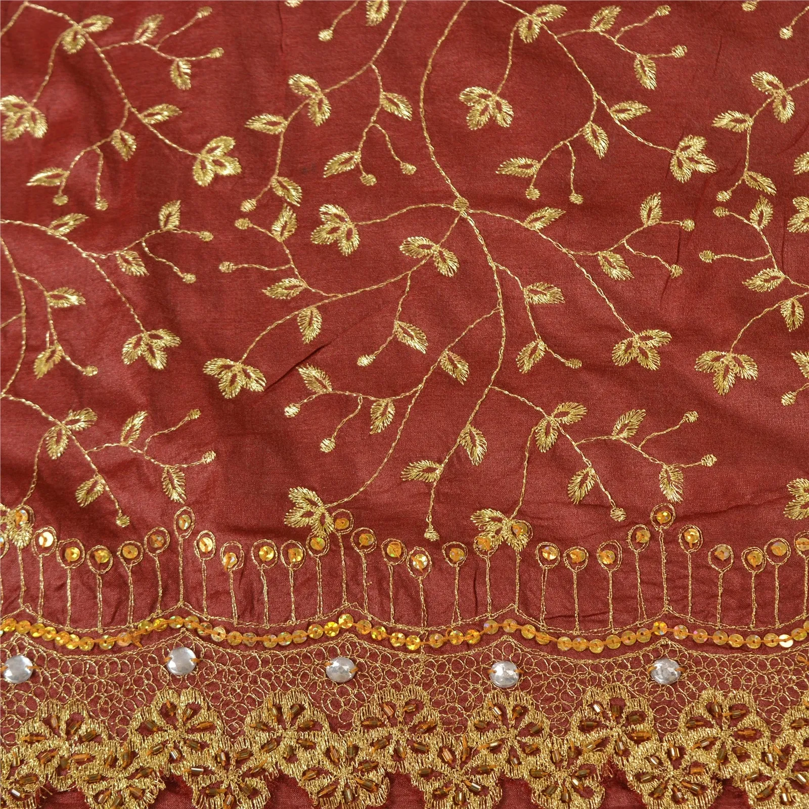 Sanskriti Vintage Dark Red Sarees 100% Pure Silk Hand Beaded Sari Craft Fabric