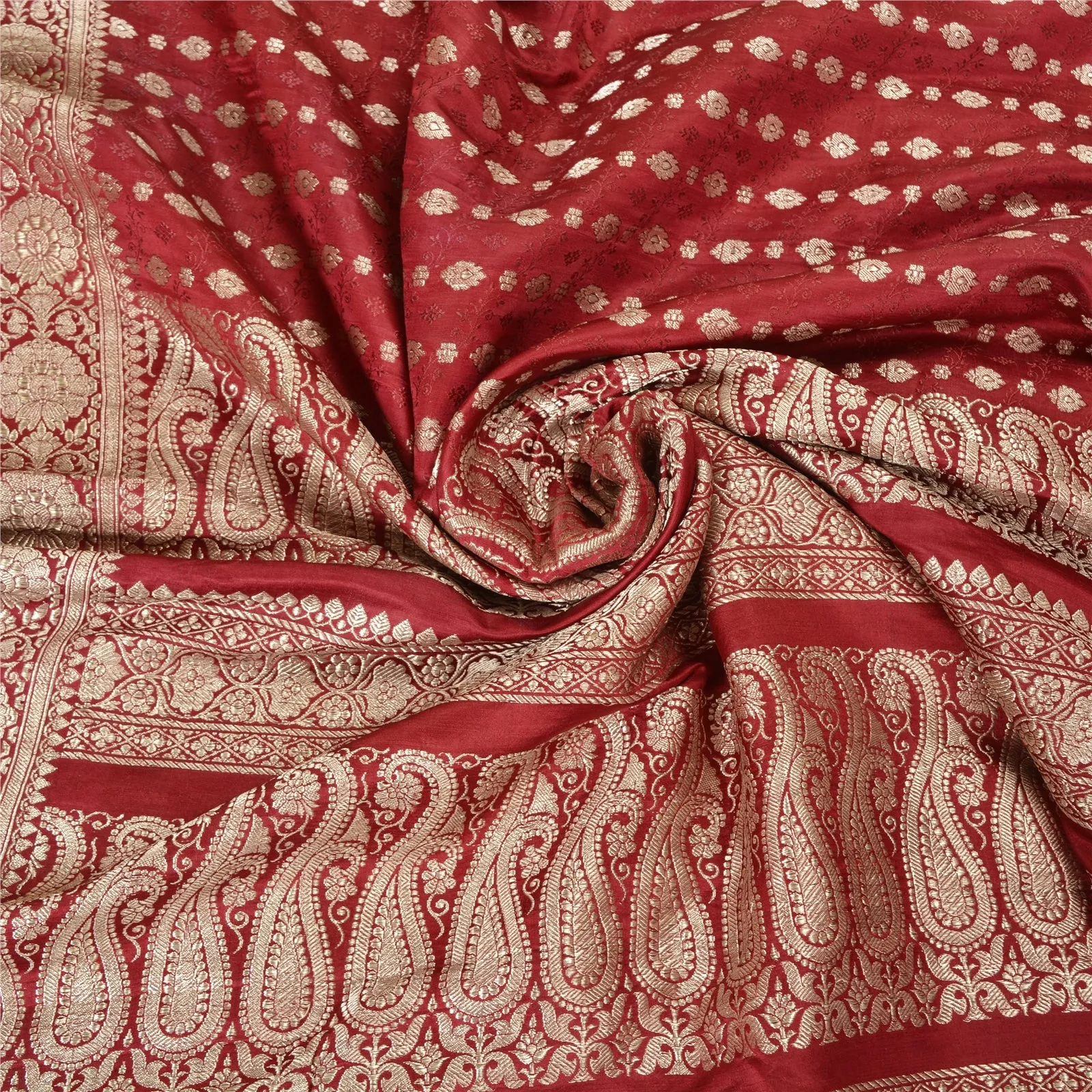 Sanskriti Vintage Dark Red Sarees Pure Satin Silk Brocade/Banarasi Sari Fabric