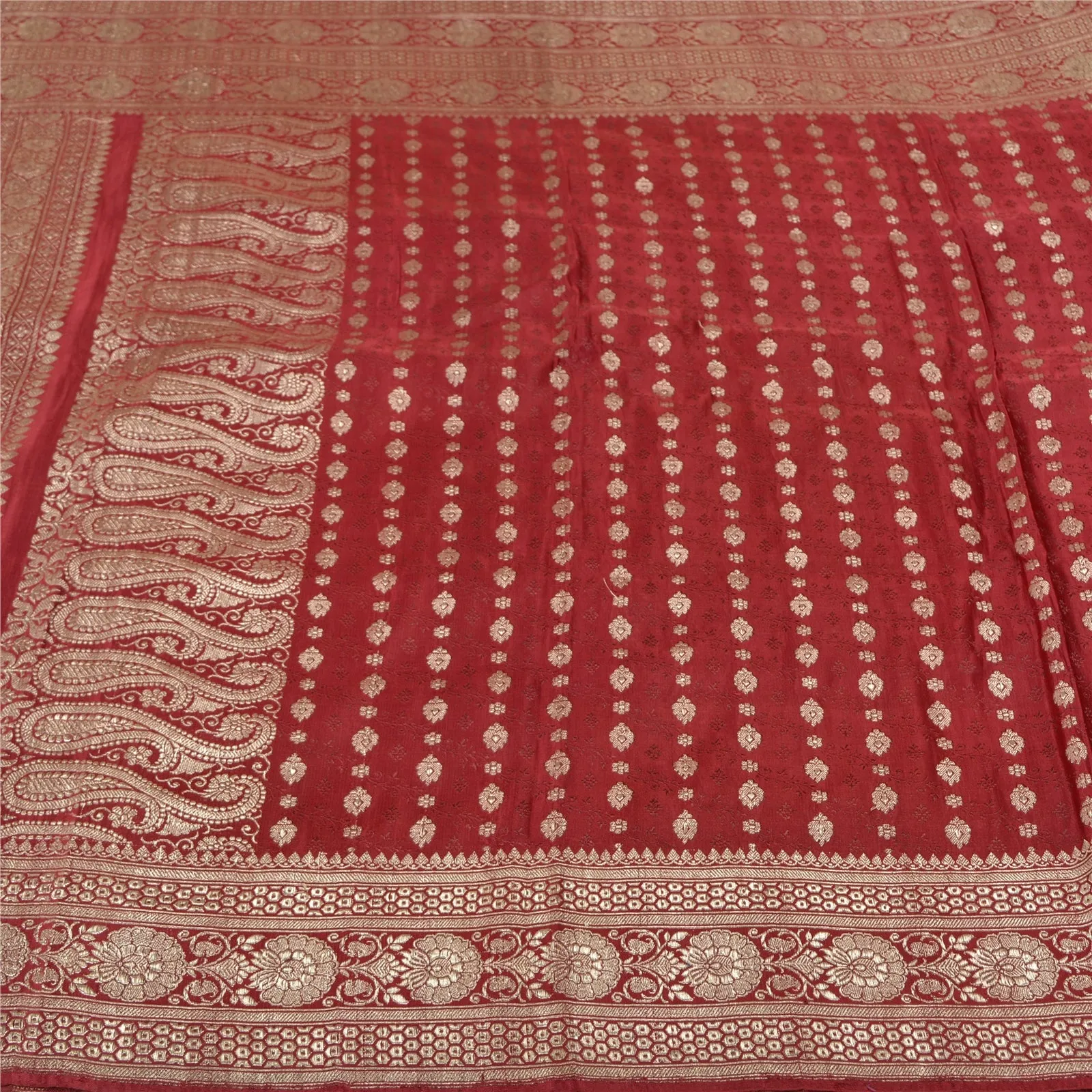 Sanskriti Vintage Dark Red Sarees Pure Satin Silk Brocade/Banarasi Sari Fabric