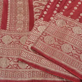 Sanskriti Vintage Dark Red Sarees Pure Satin Silk Brocade/Banarasi Sari Fabric