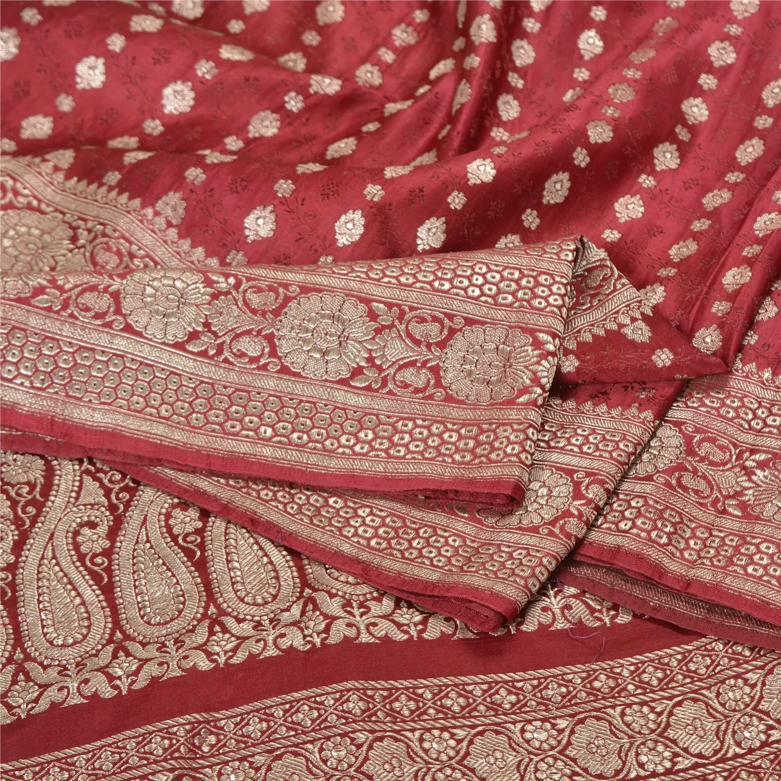 Sanskriti Vintage Dark Red Sarees Pure Satin Silk Brocade/Banarasi Sari Fabric