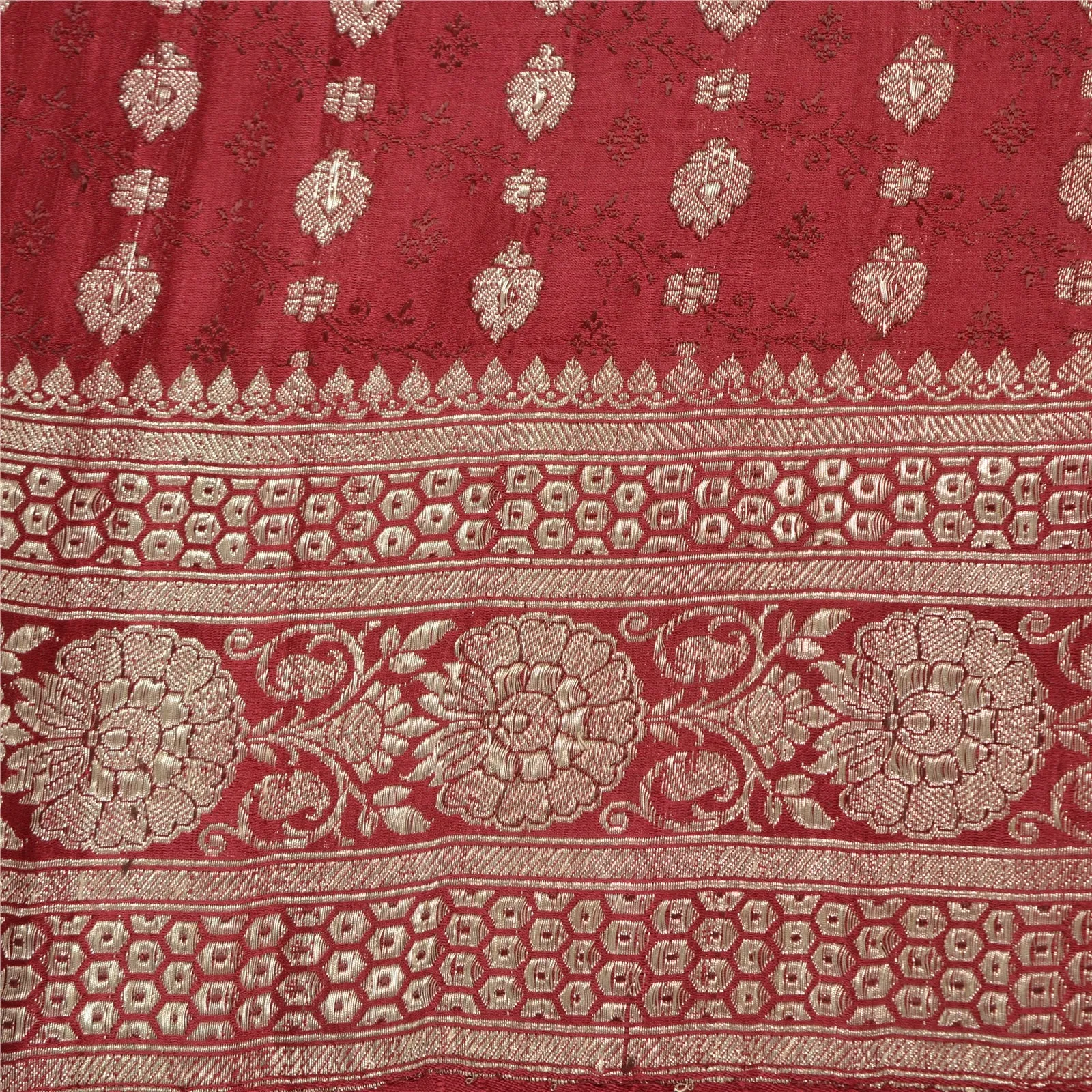 Sanskriti Vintage Dark Red Sarees Pure Satin Silk Brocade/Banarasi Sari Fabric