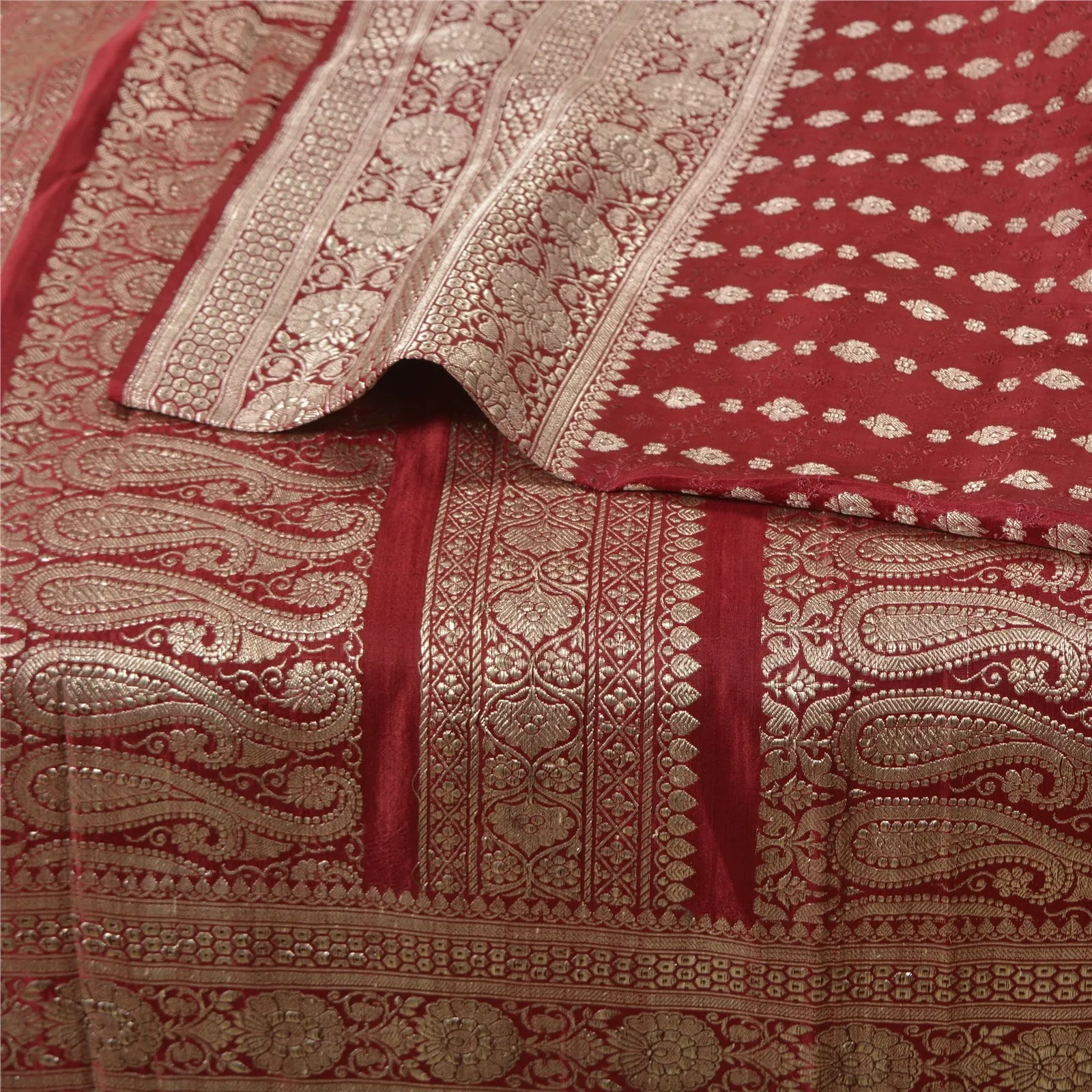 Sanskriti Vintage Dark Red Sarees Pure Satin Silk Brocade/Banarasi Sari Fabric