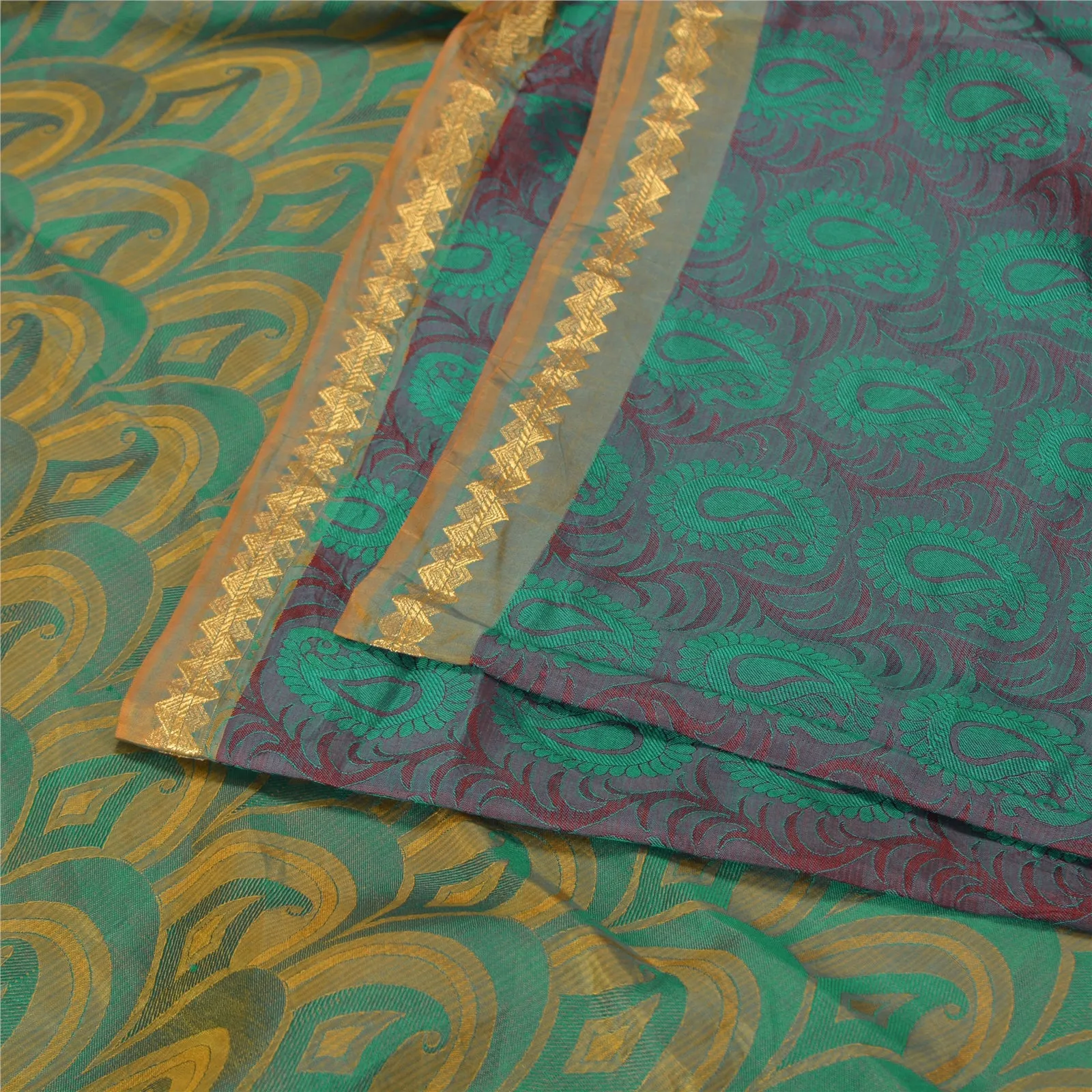 Sanskriti Vintage Green Indian Sarees 100% Pure Silk Woven Sari Craft Fabric