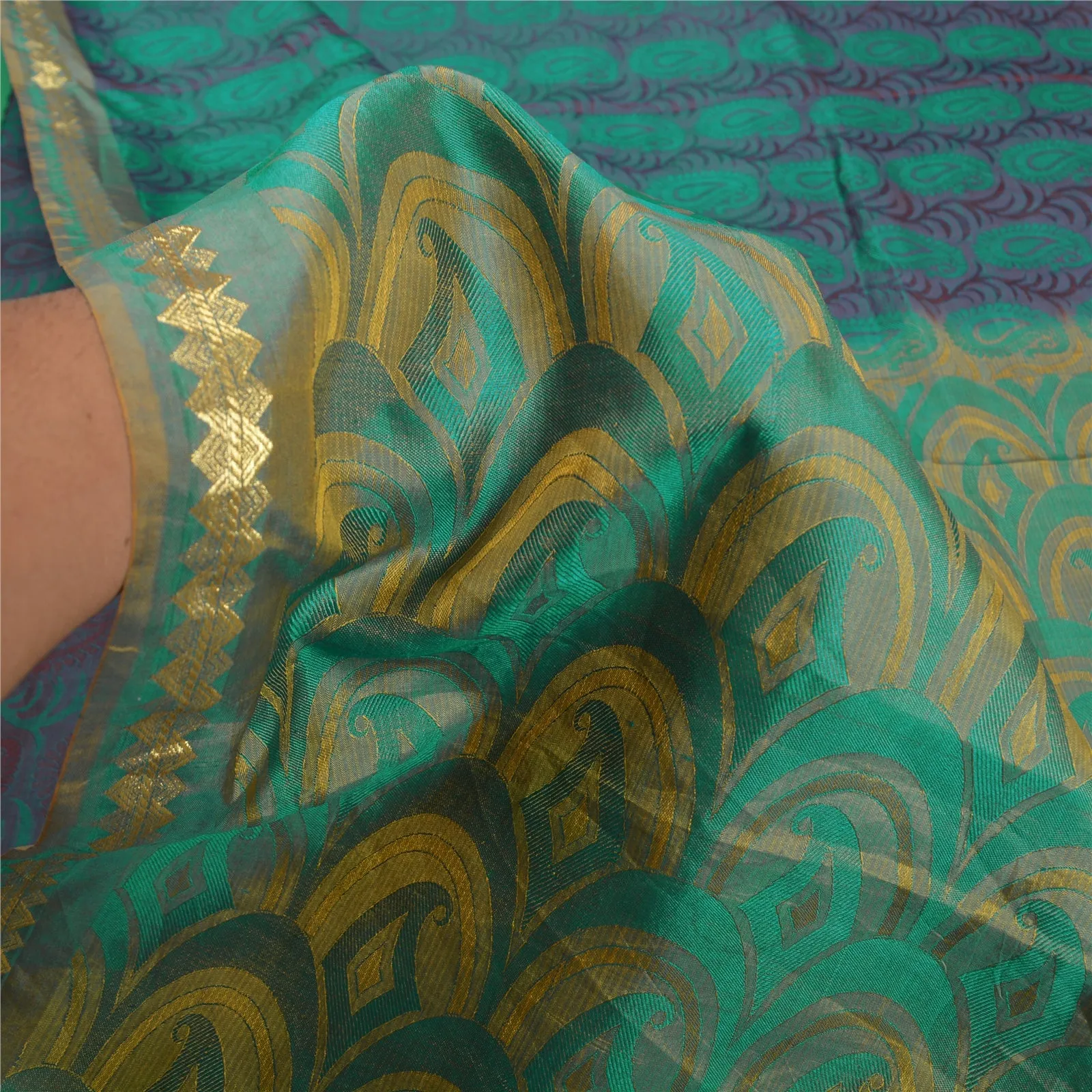 Sanskriti Vintage Green Indian Sarees 100% Pure Silk Woven Sari Craft Fabric