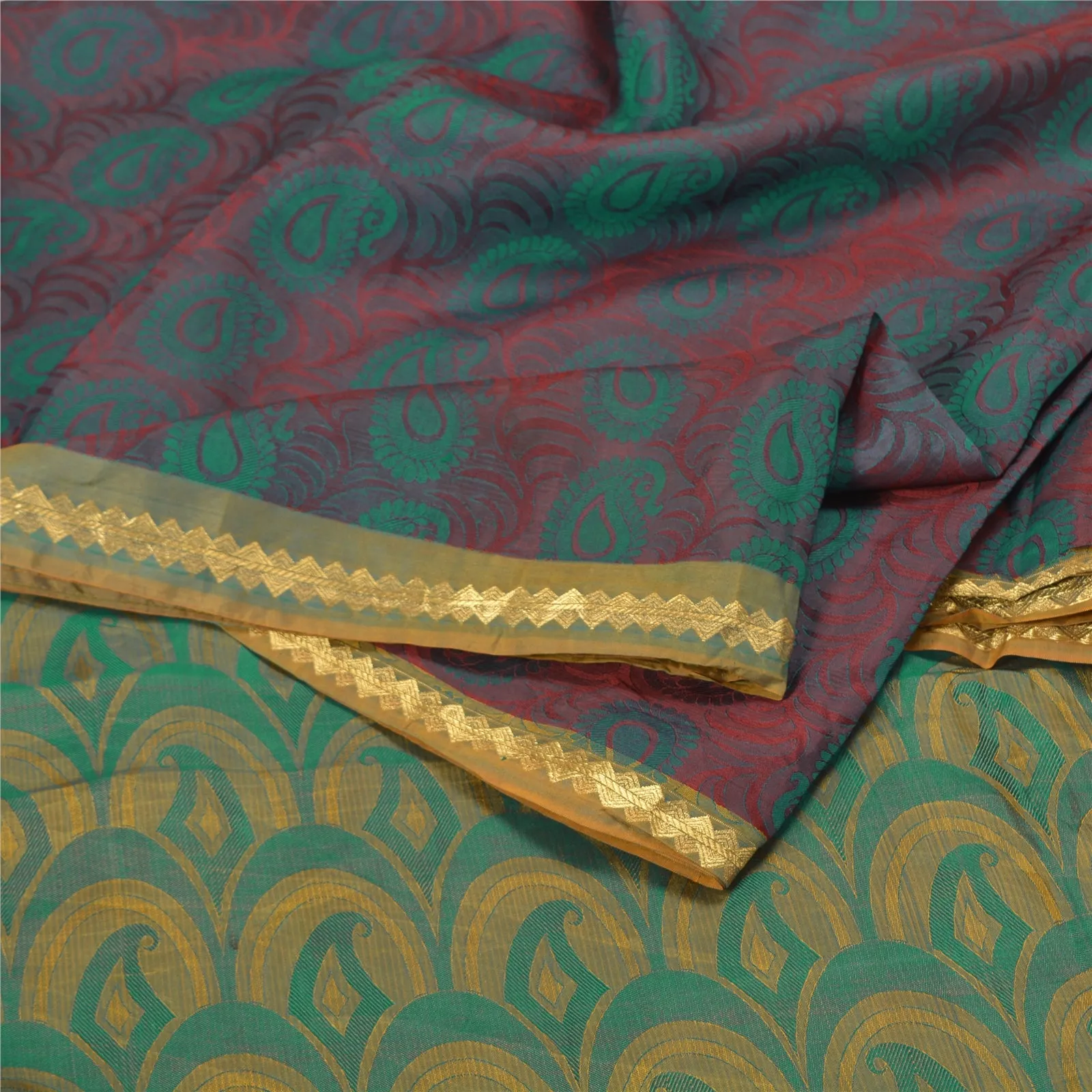 Sanskriti Vintage Green Indian Sarees 100% Pure Silk Woven Sari Craft Fabric