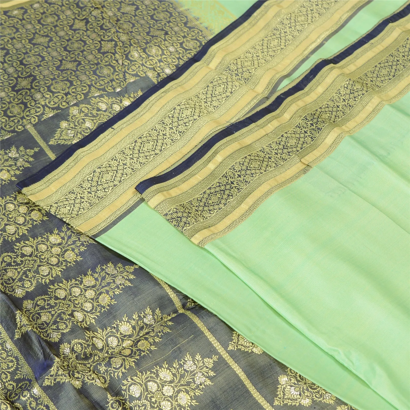 Sanskriti Vintage Green/Blue Indian Sarees Satin Woven Premium Sari Craft Fabric