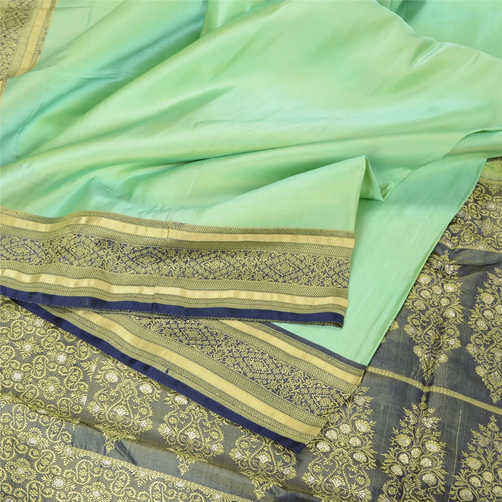 Sanskriti Vintage Green/Blue Indian Sarees Satin Woven Premium Sari Craft Fabric