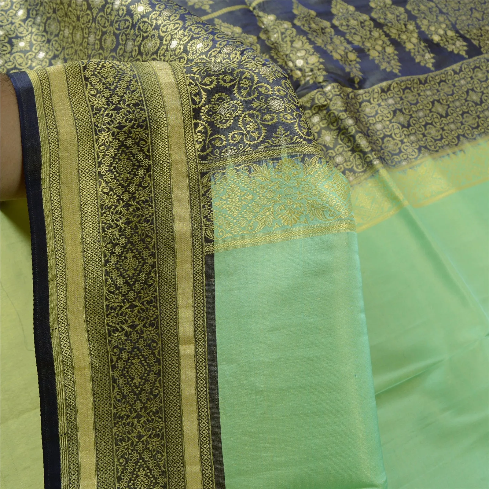 Sanskriti Vintage Green/Blue Indian Sarees Satin Woven Premium Sari Craft Fabric