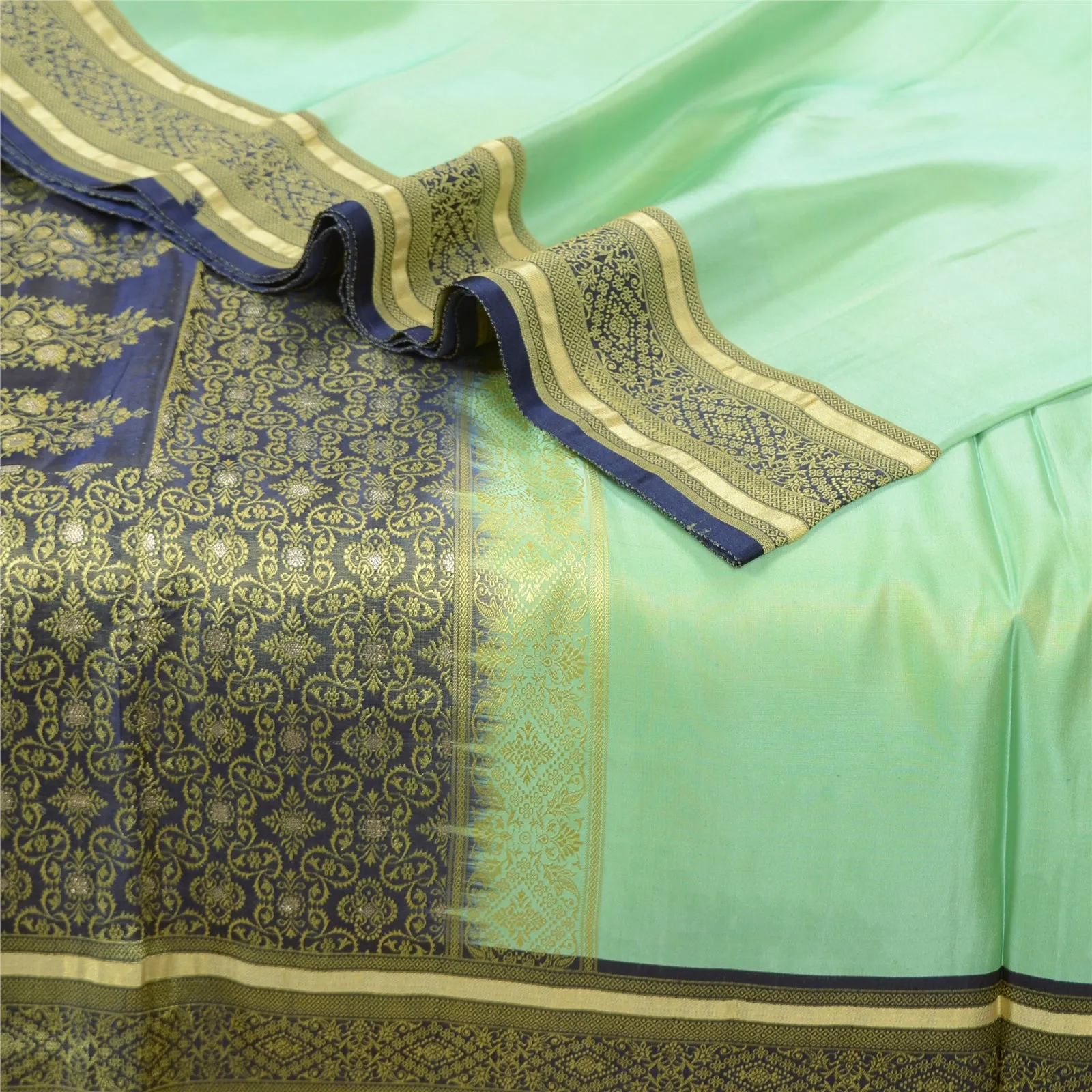 Sanskriti Vintage Green/Blue Indian Sarees Satin Woven Premium Sari Craft Fabric