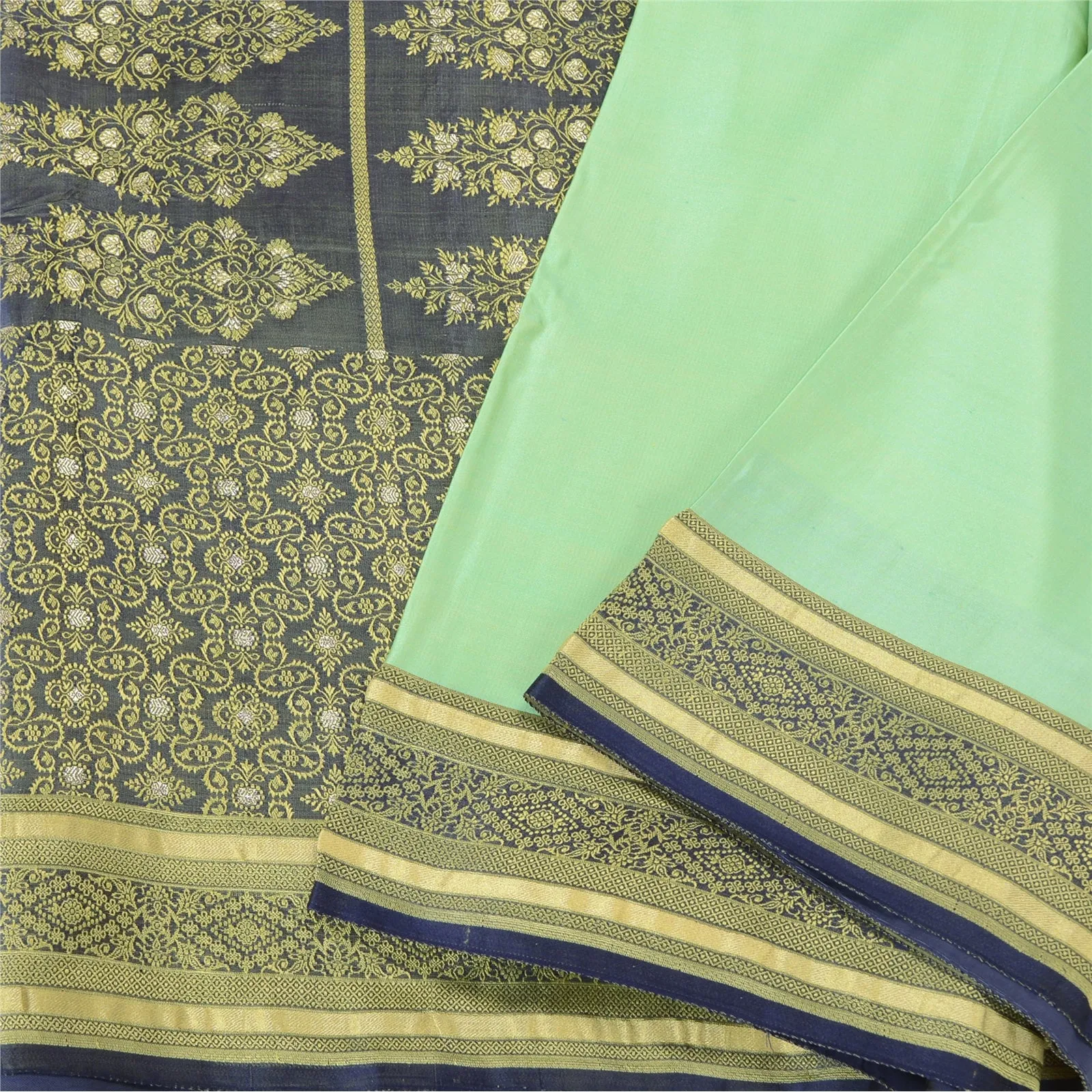 Sanskriti Vintage Green/Blue Indian Sarees Satin Woven Premium Sari Craft Fabric