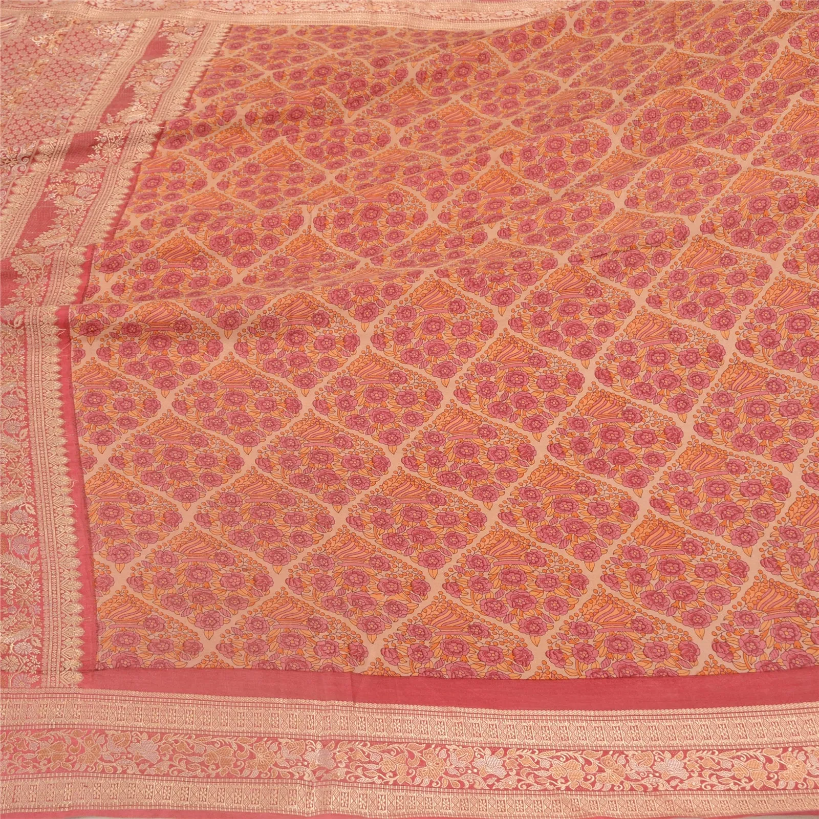 Sanskriti Vintage Pink Indian Sarees 100% Pure Silk Woven Sari Craft 5 YD Fabric