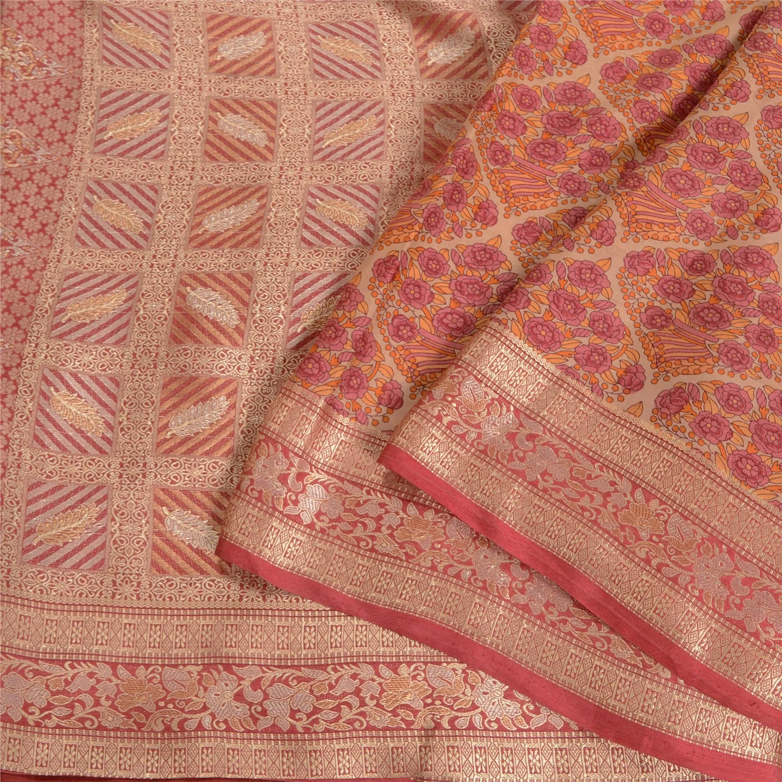 Sanskriti Vintage Pink Indian Sarees 100% Pure Silk Woven Sari Craft 5 YD Fabric