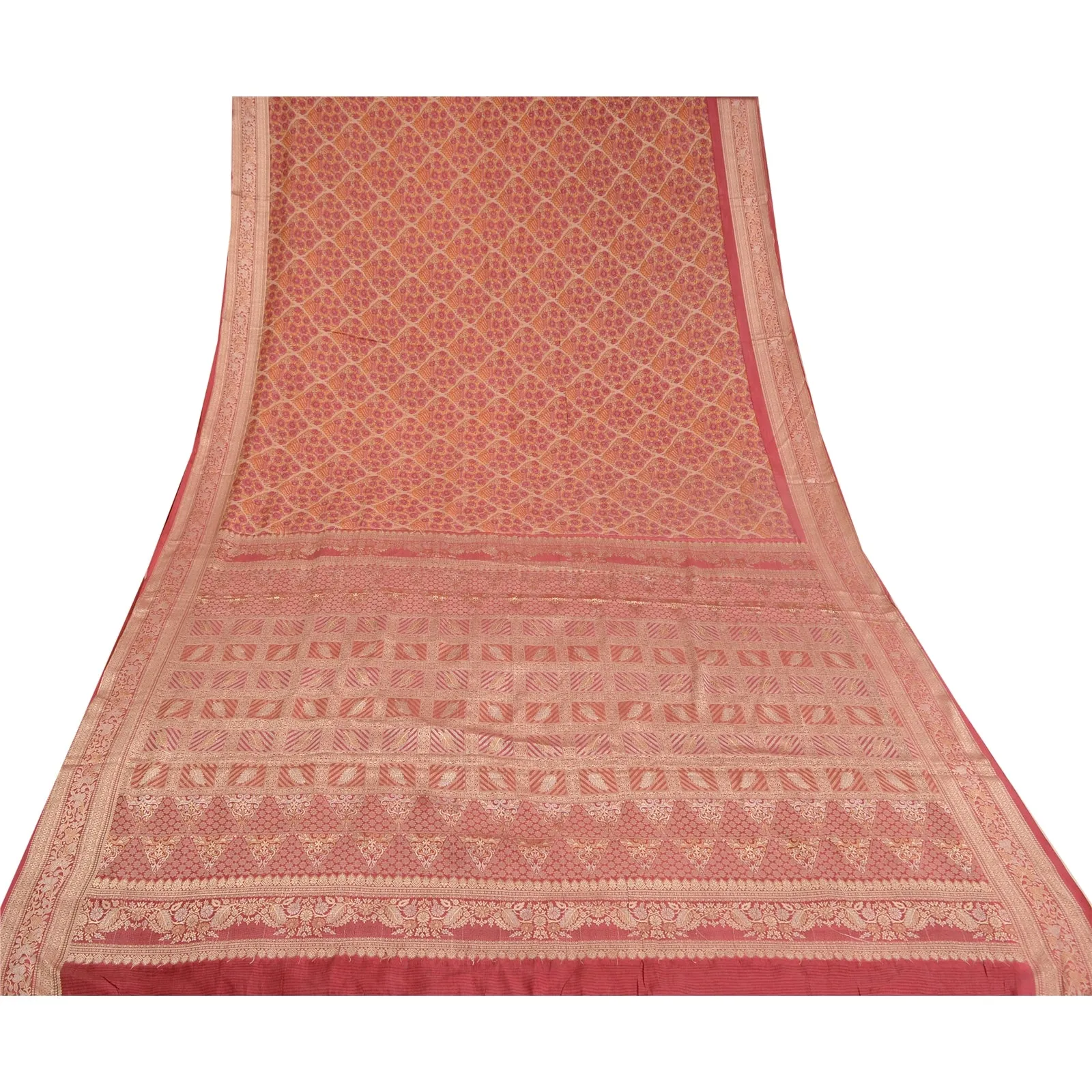 Sanskriti Vintage Pink Indian Sarees 100% Pure Silk Woven Sari Craft 5 YD Fabric