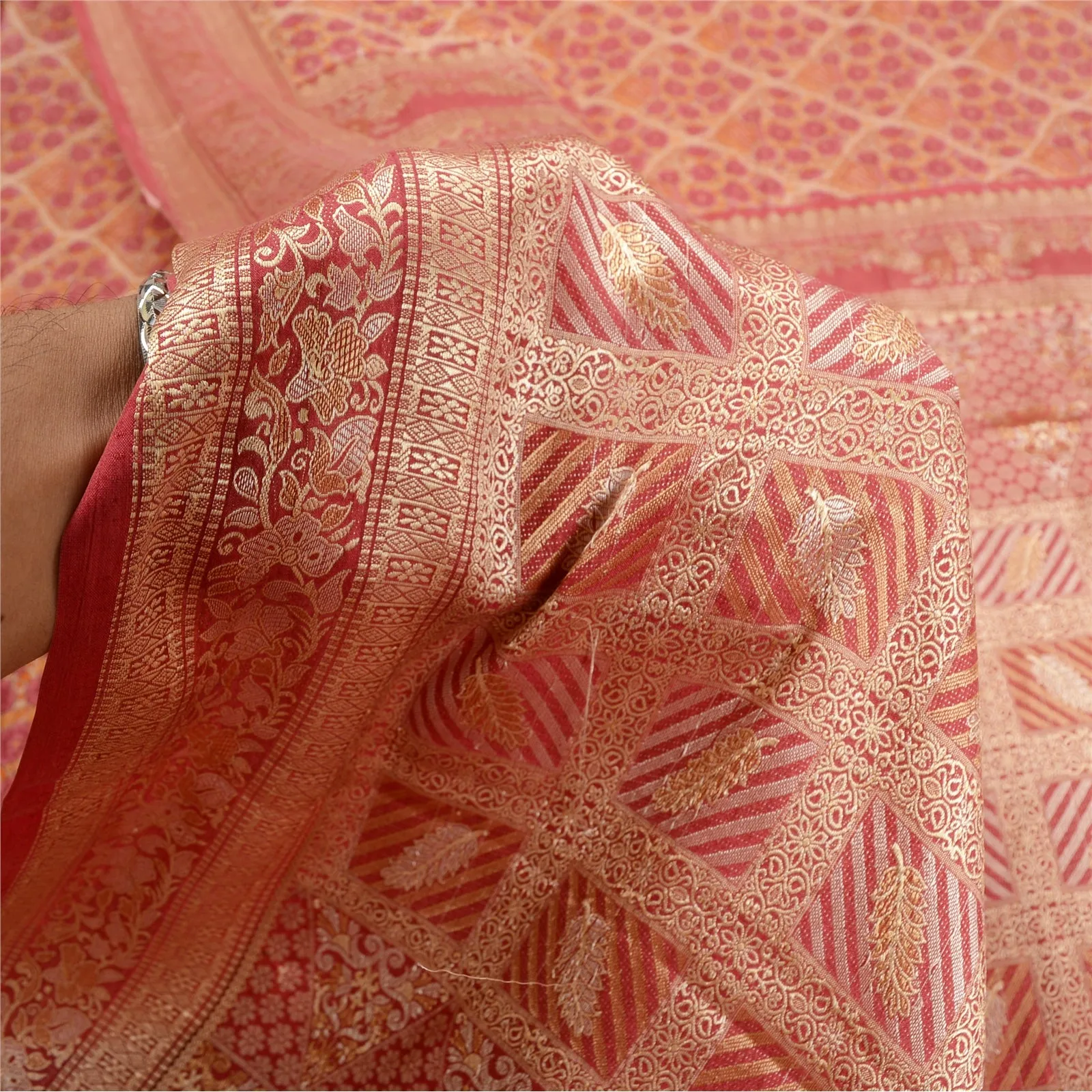 Sanskriti Vintage Pink Indian Sarees 100% Pure Silk Woven Sari Craft 5 YD Fabric