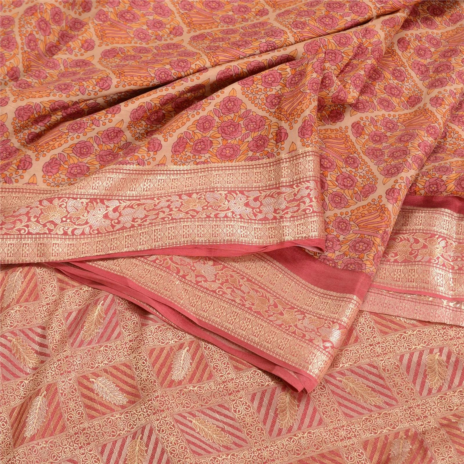 Sanskriti Vintage Pink Indian Sarees 100% Pure Silk Woven Sari Craft 5 YD Fabric