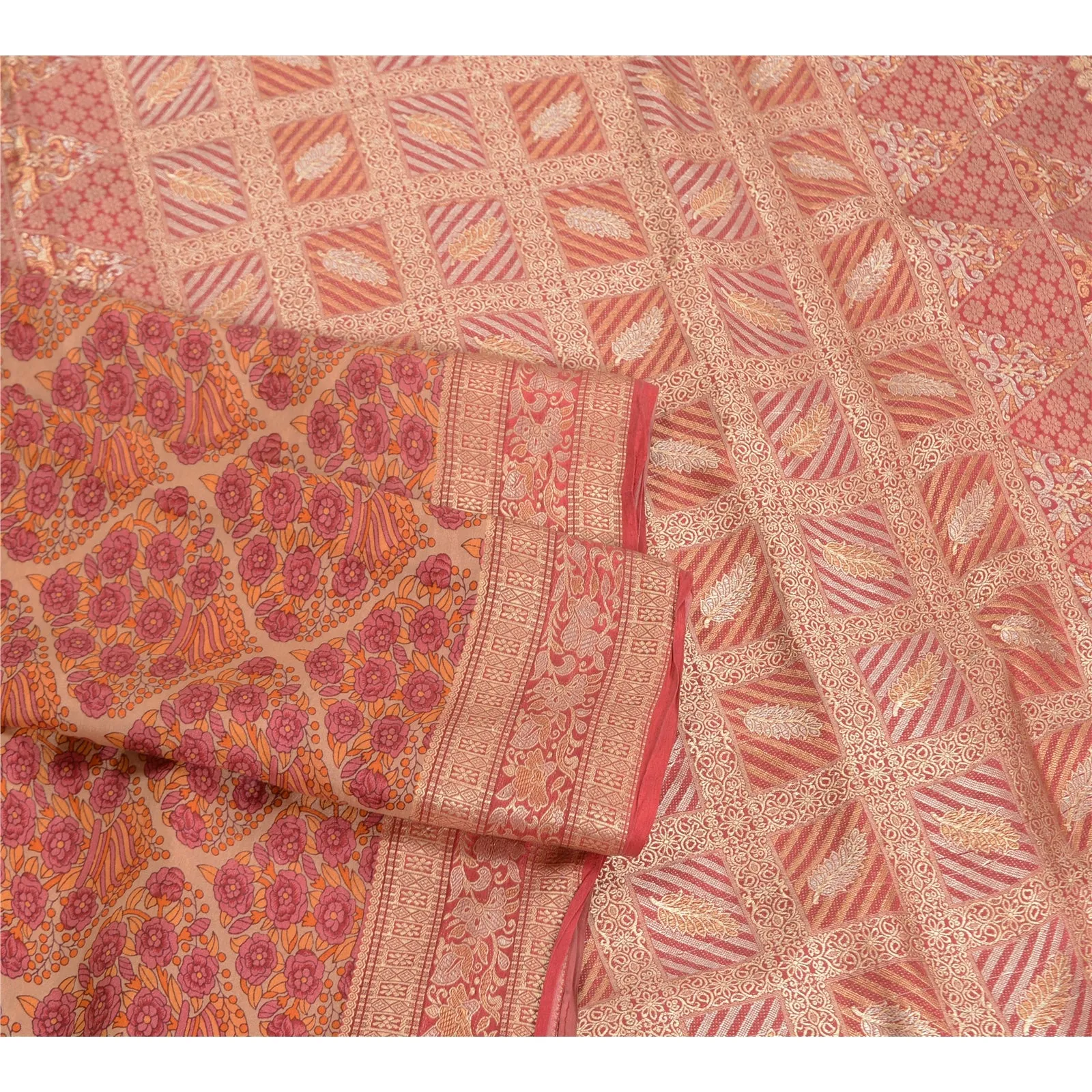 Sanskriti Vintage Pink Indian Sarees 100% Pure Silk Woven Sari Craft 5 YD Fabric