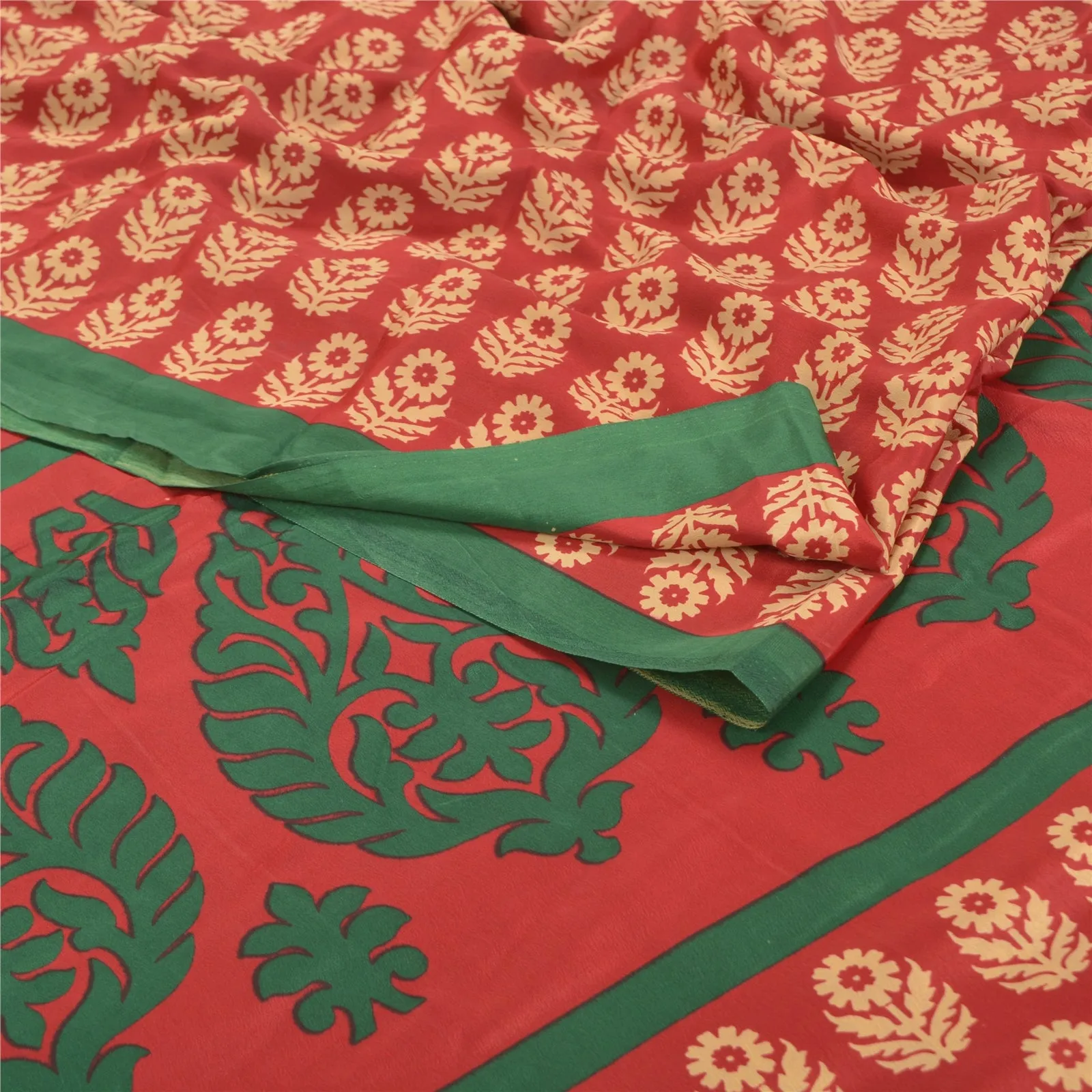 Sanskriti Vintage Red Indian Sarees Moss Crepe Printed Sari Floral Craft Fabric