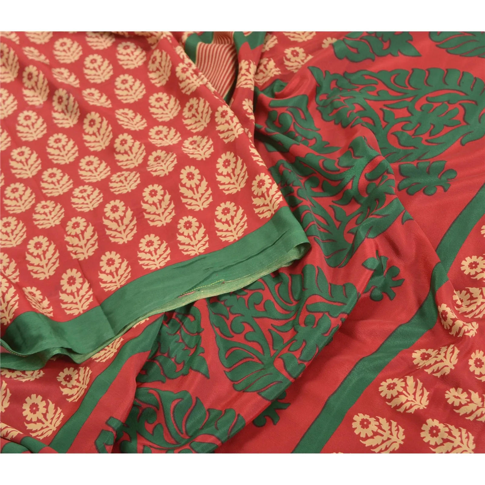 Sanskriti Vintage Red Indian Sarees Moss Crepe Printed Sari Floral Craft Fabric