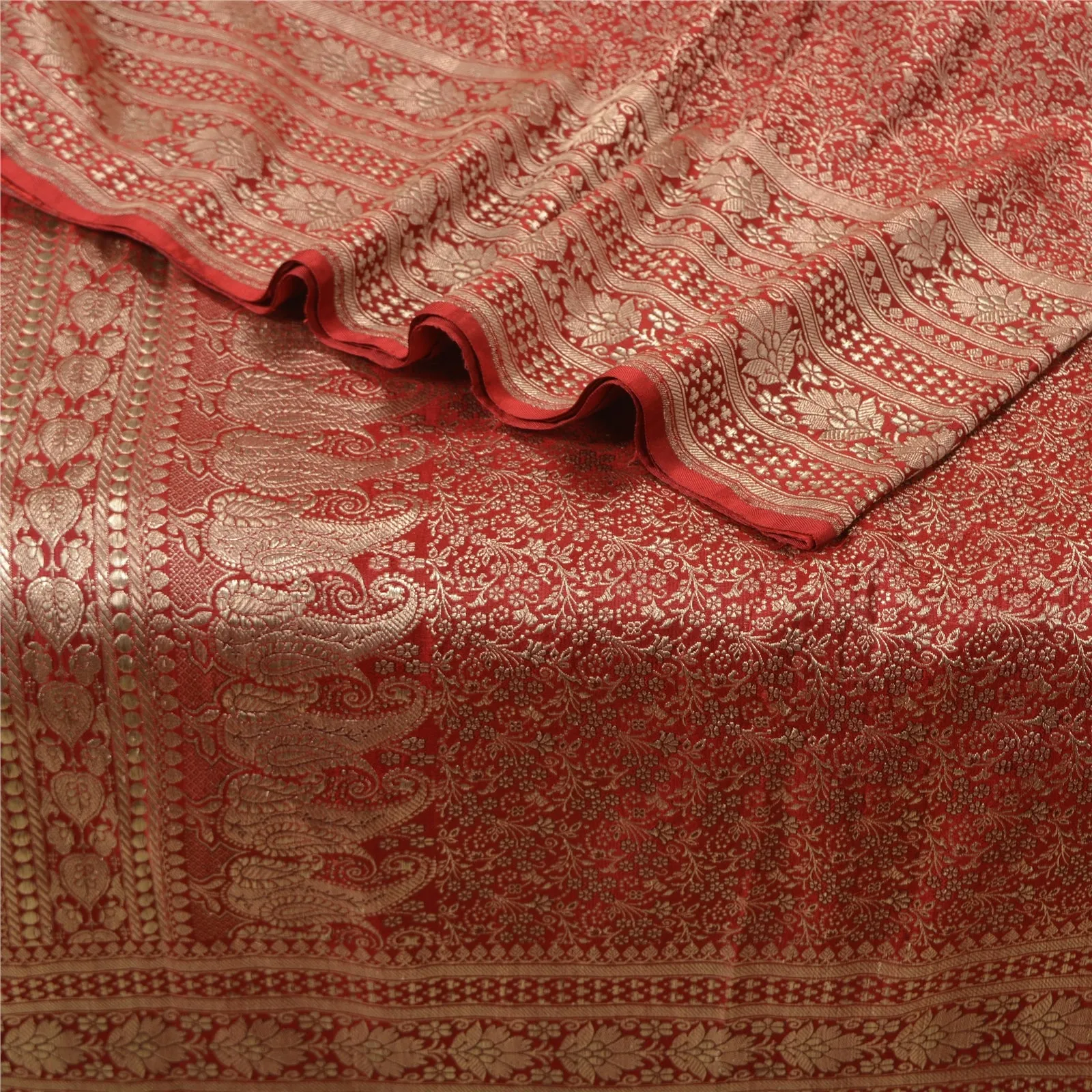 Sanskriti Vintage Red Sarees Pure Satin Silk Woven Brocade/Banarasi Sari Fabric