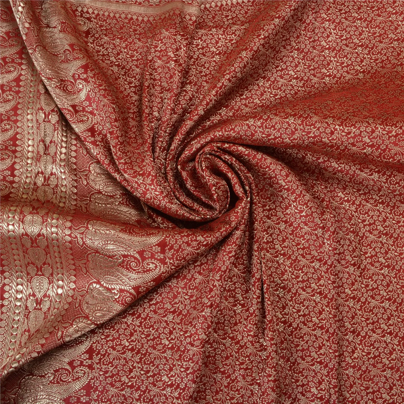 Sanskriti Vintage Red Sarees Pure Satin Silk Woven Brocade/Banarasi Sari Fabric