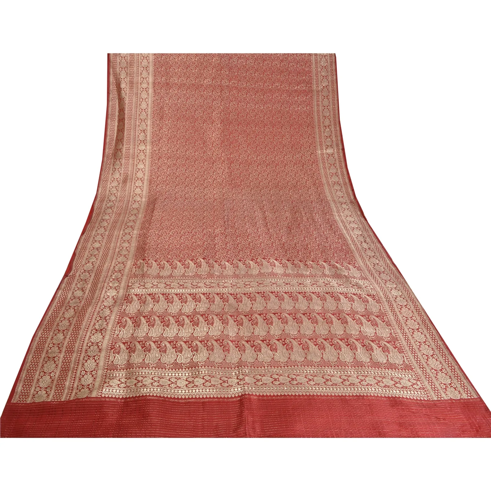 Sanskriti Vintage Red Sarees Pure Satin Silk Woven Brocade/Banarasi Sari Fabric